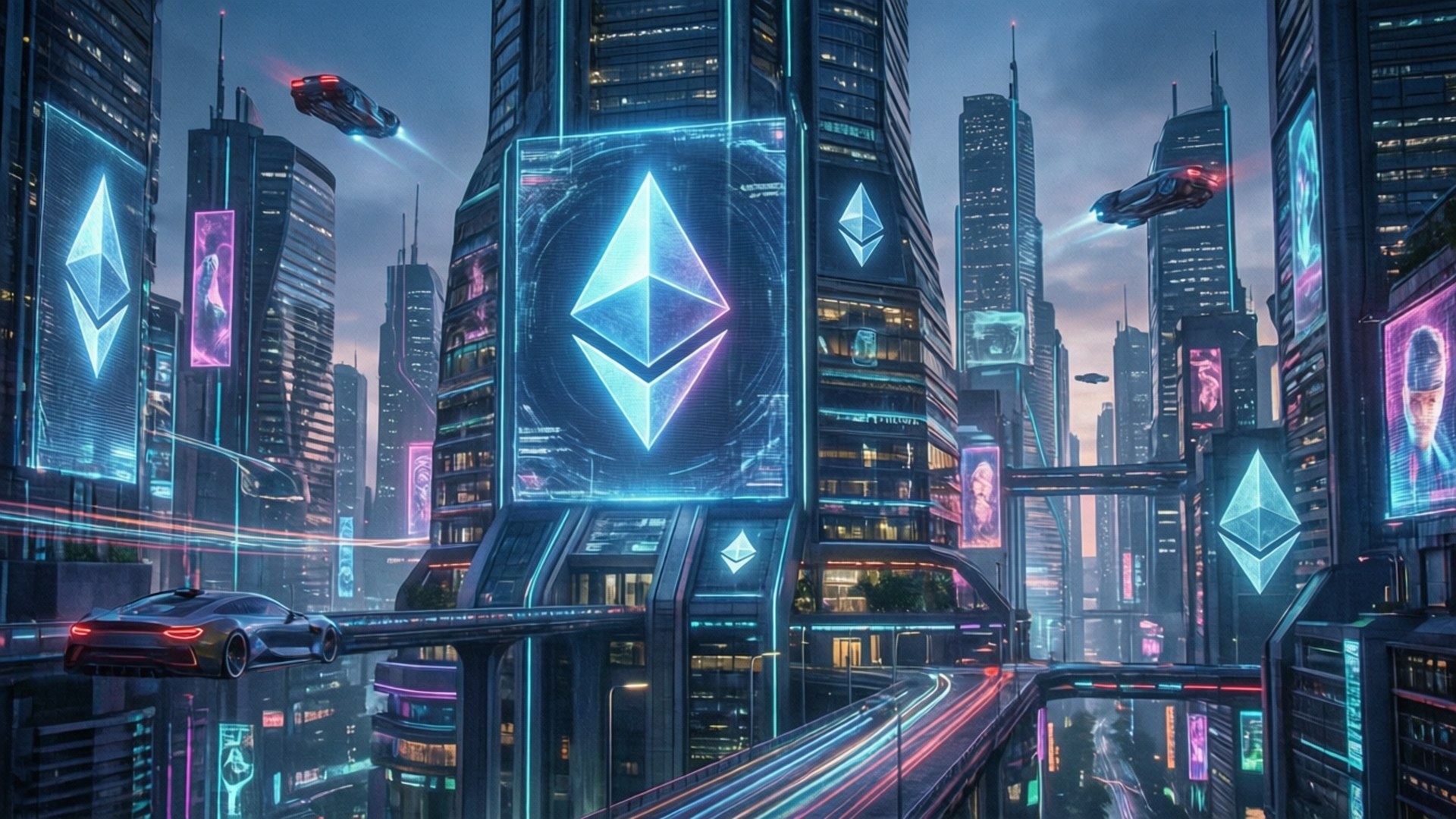 Ethereum, neon-lit cyberpunk cityscape, towering skyscrapers, Full HD Desktop Wallpaper