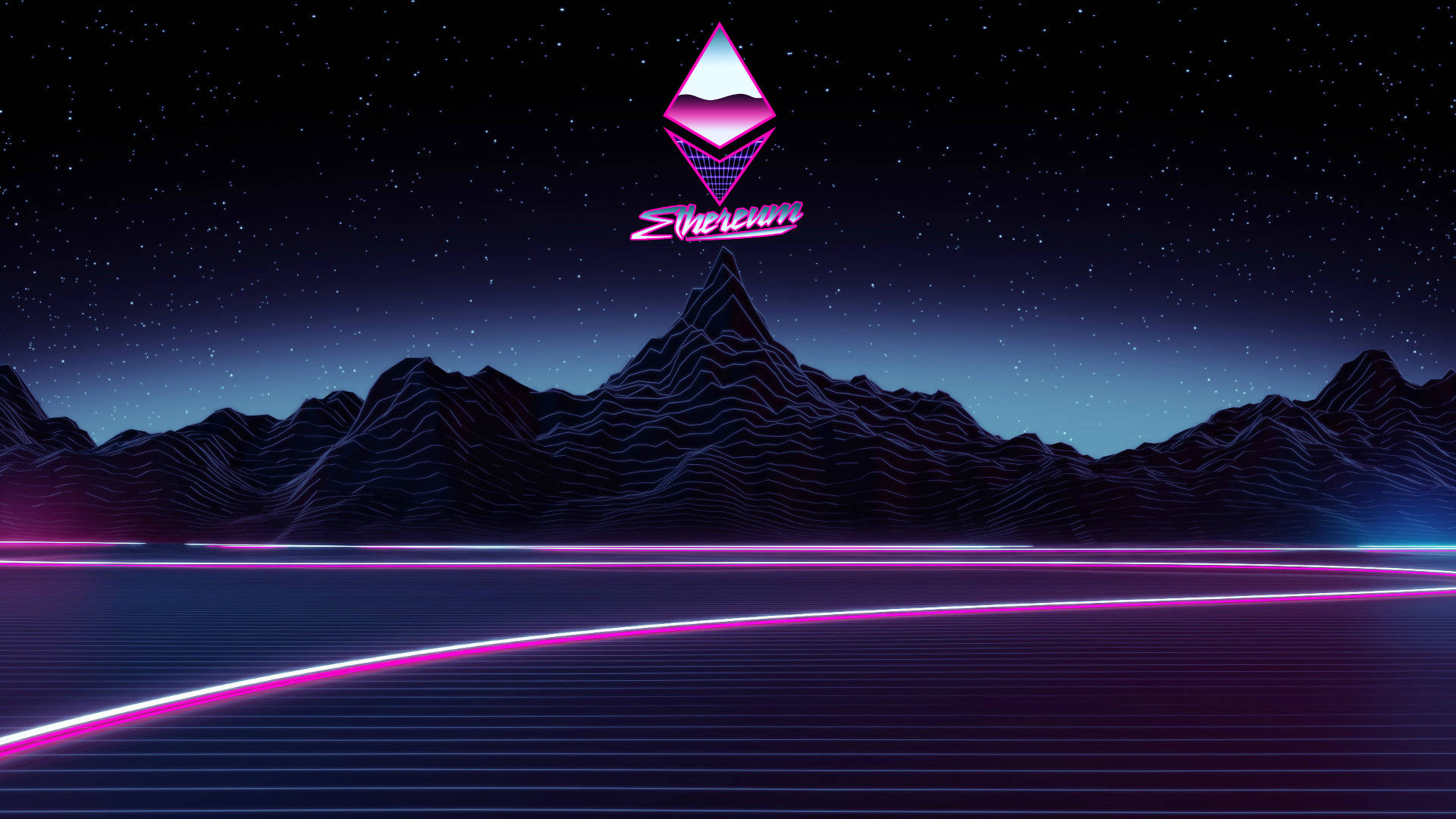 Ethereum, neon-lit mountain range, starry night sky, Full HD Desktop Wallpaper