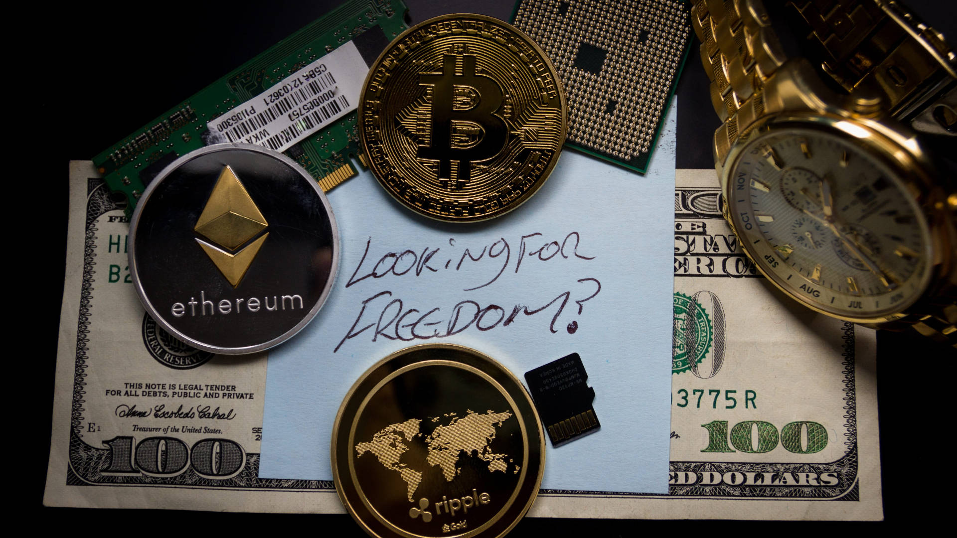 Ethereum, cryptocurrency coins, traditional cash, Full HD Desktop Wallpaper