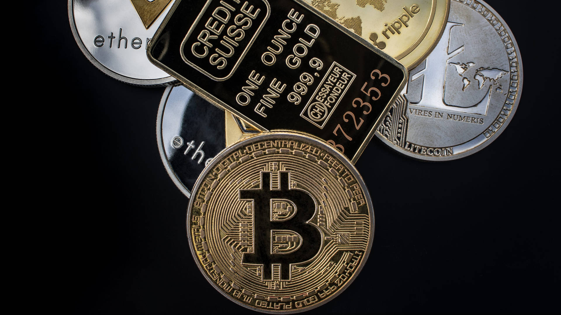 Ethereum, physical cryptocurrency coins, gold bar, Full HD Desktop Wallpaper