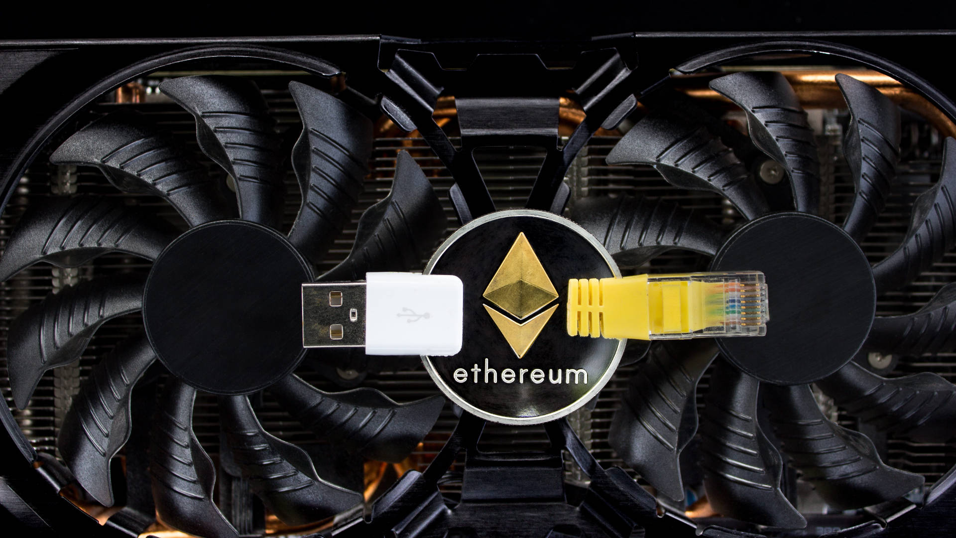 Ethereum logo, graphics card, USB cables, Full HD Desktop Wallpaper