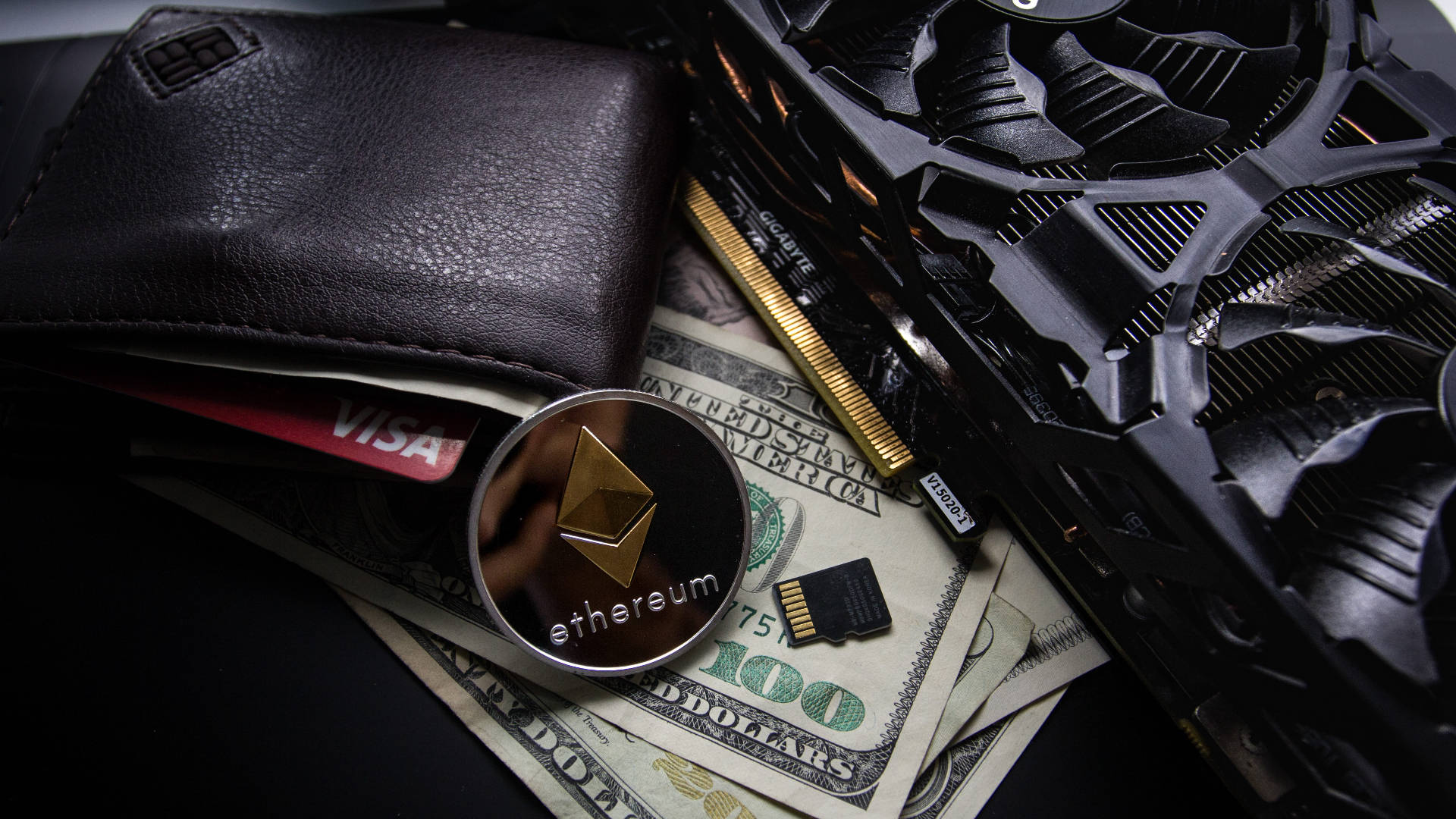 Ethereum, graphics card, US dollar bills, Full HD Desktop Wallpaper