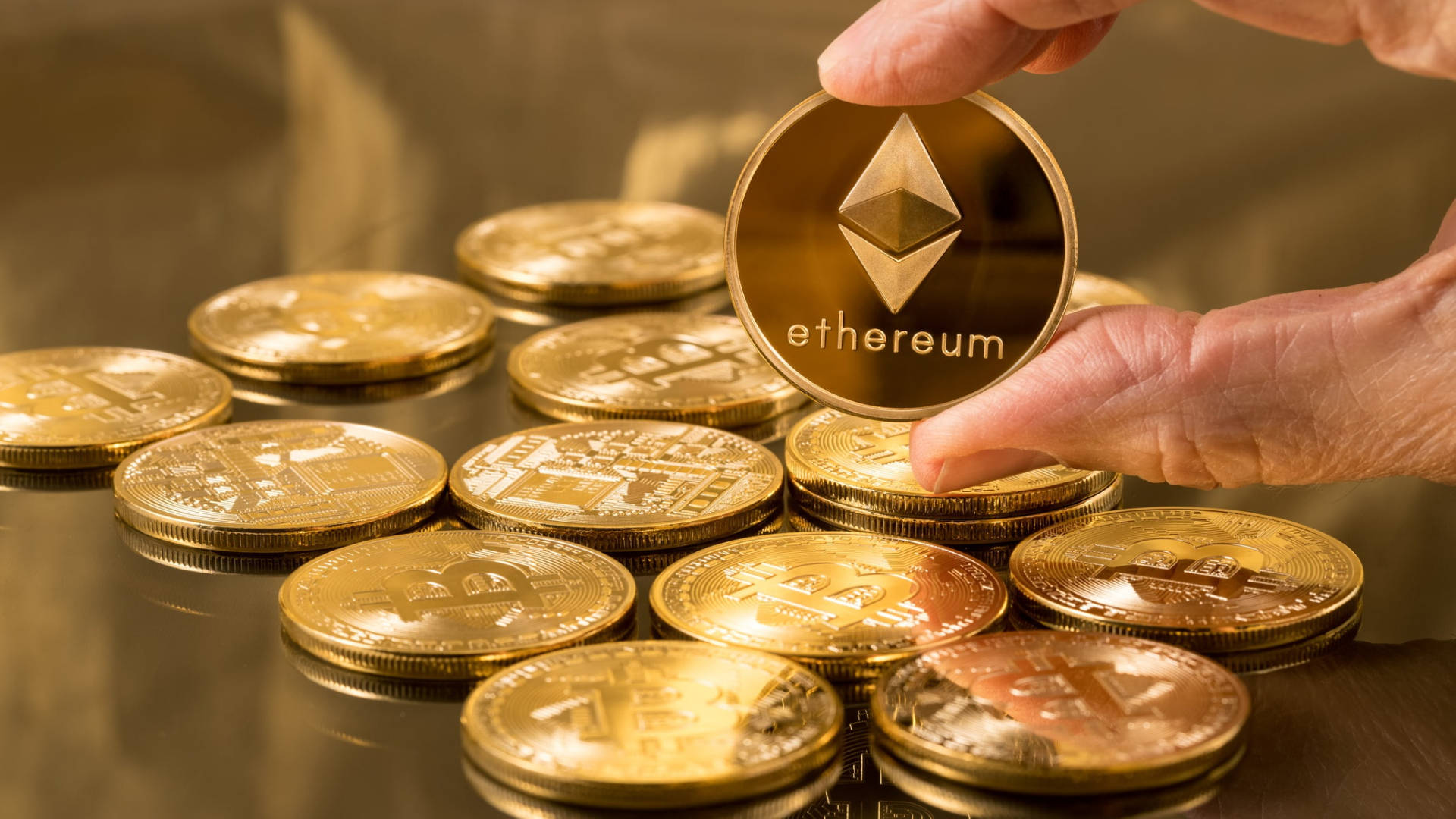 Ethereum, gold coin, hand, Full HD Desktop Wallpaper