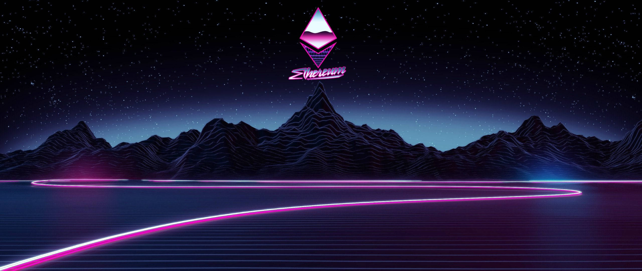 Ethereum, neon-lit, futuristic mountain range, 2K Desktop Wallpaper