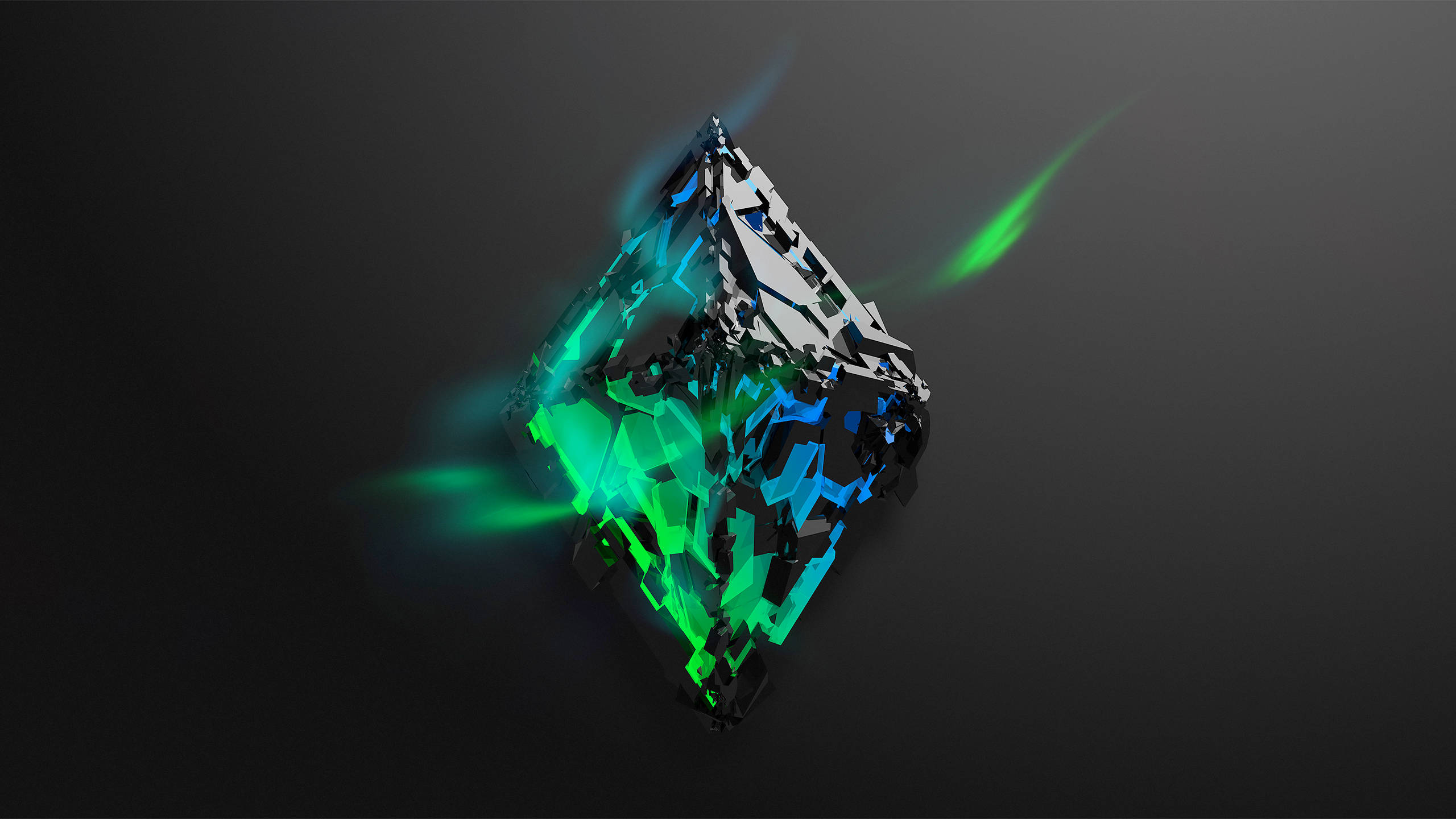Ethereum, glowing green, blue geometric crystal cube, 2K Desktop Wallpaper