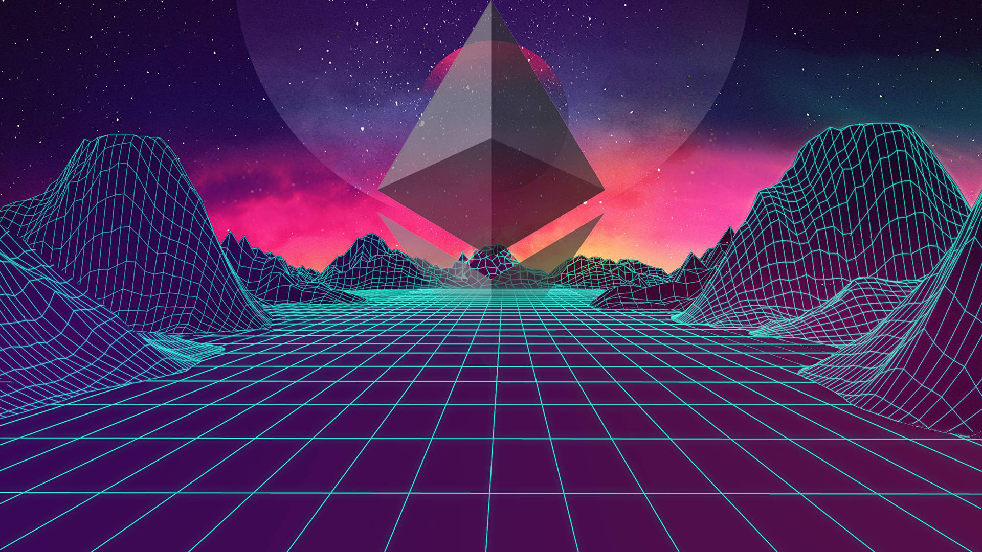 neon grid landscape, starry sky, glowing geometric pyramid, Full HD Desktop Wallpaper