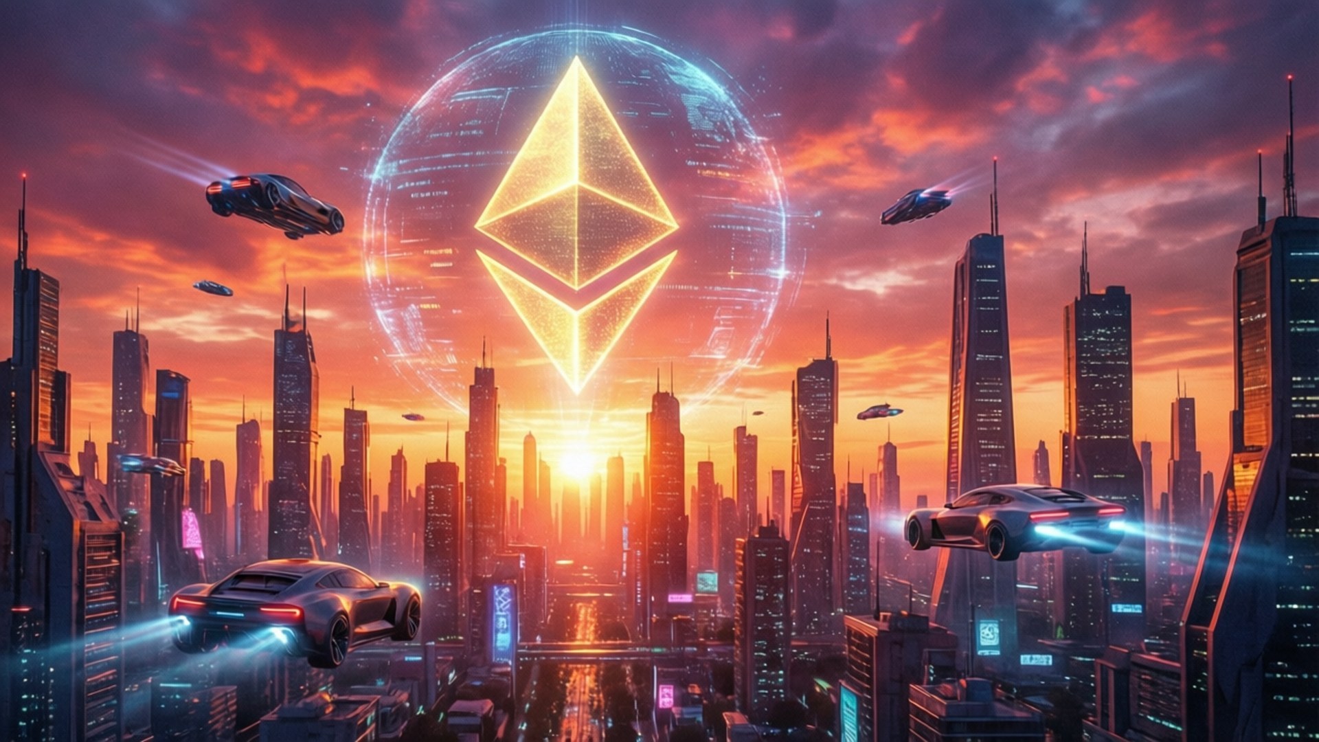 Ethereum, hologram city, sunset, Full HD Desktop Wallpaper
