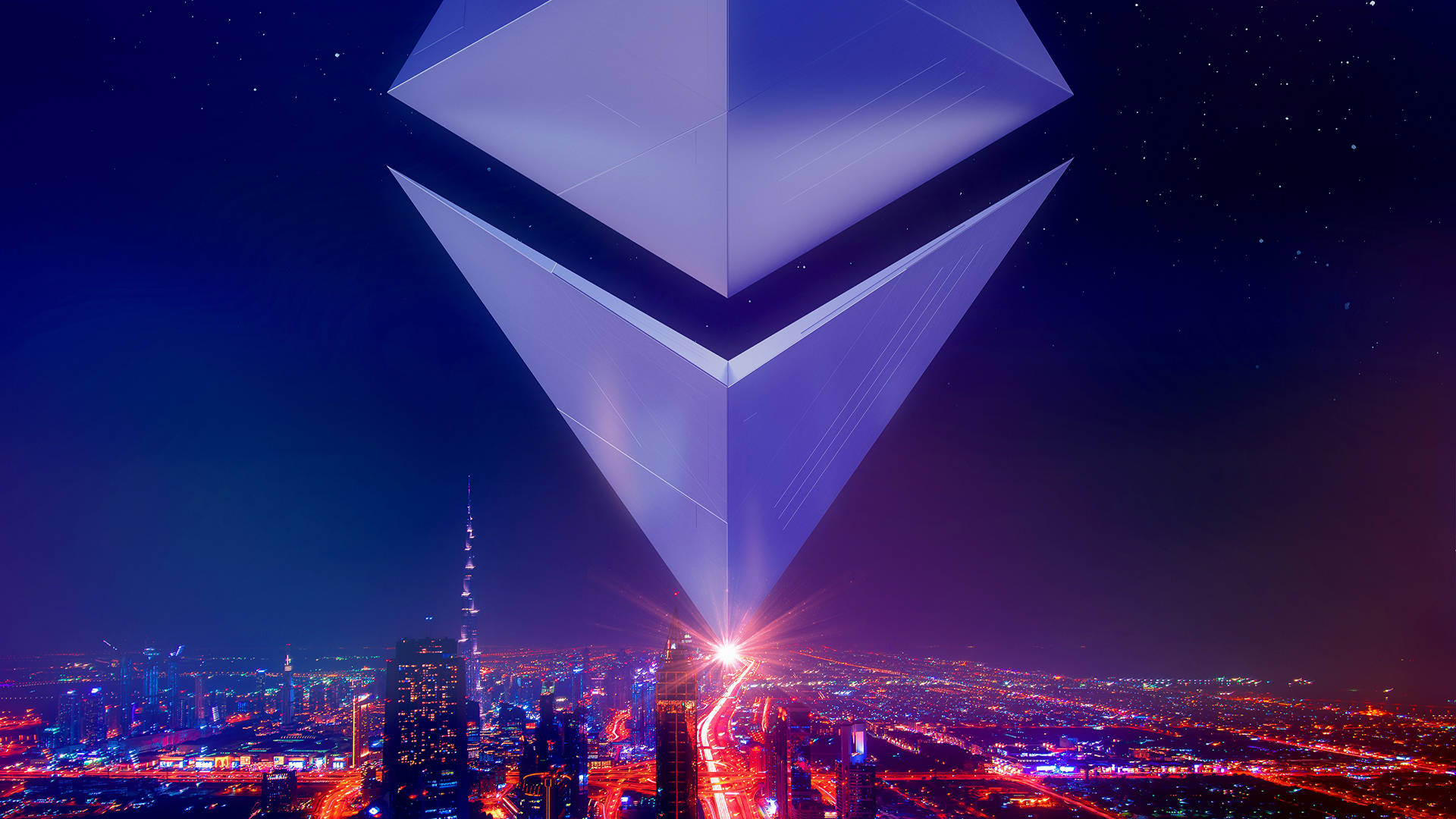 Ethereum logo, neon cityscape, night, Full HD Desktop Wallpaper