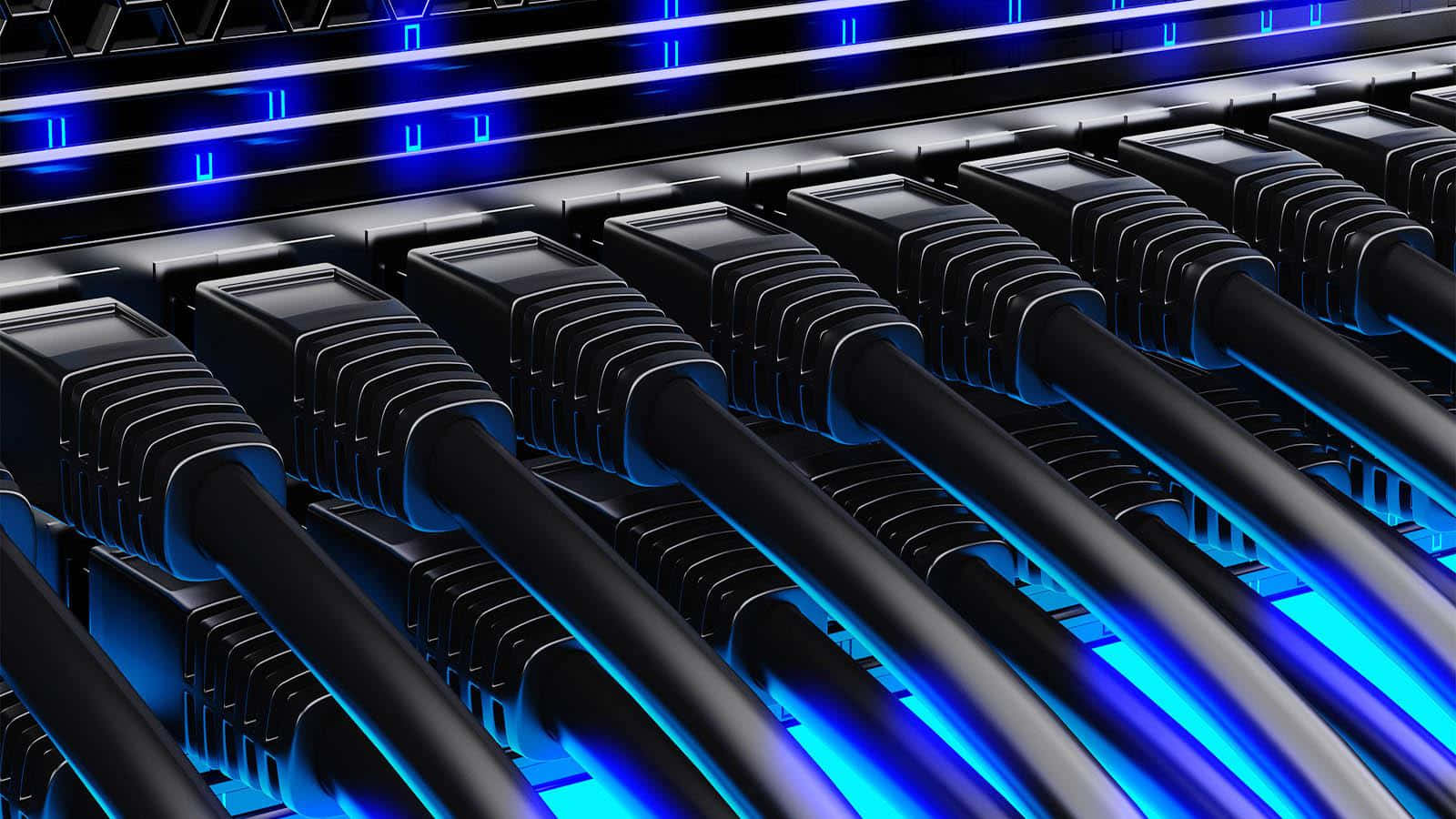 Ethernet, black ethernet cables, vibrant blue light, HD Desktop Wallpaper