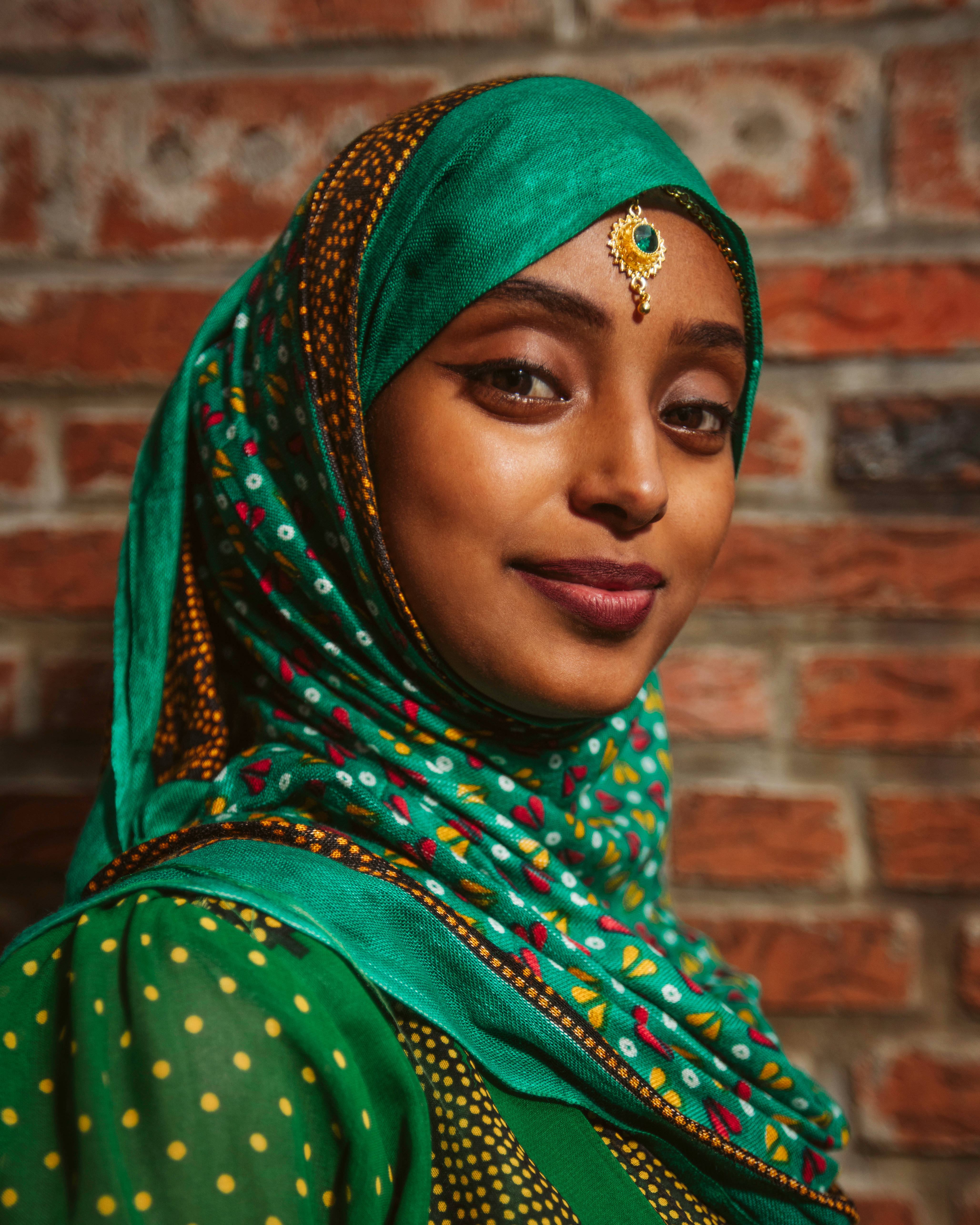 Ethiopia, Muslim woman, vibrant green patterned hijab, 5K Phone Wallpaper