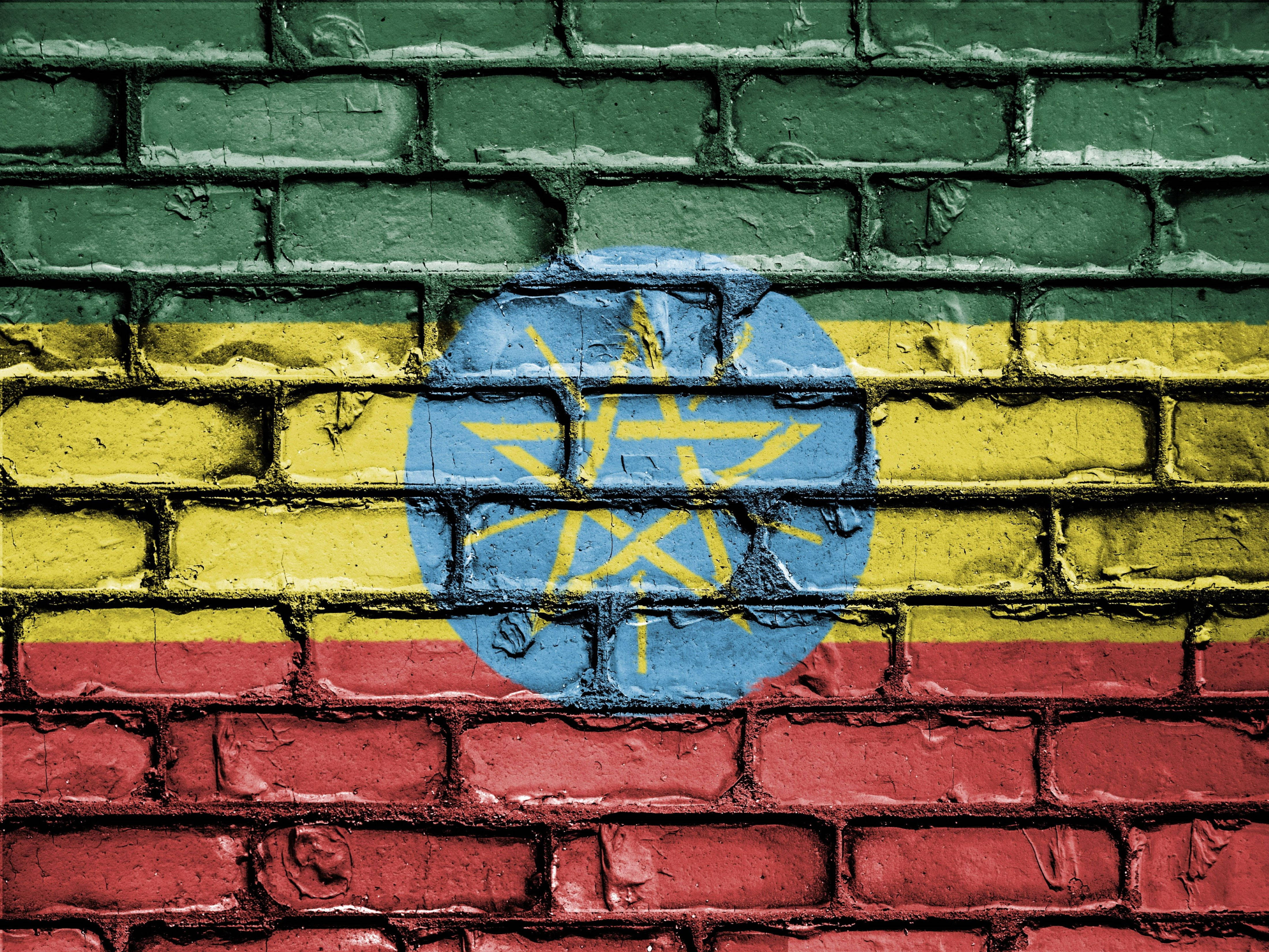 Ethiopia flag, brick wall, weathered green brick wall, 4K Desktop Wallpaper