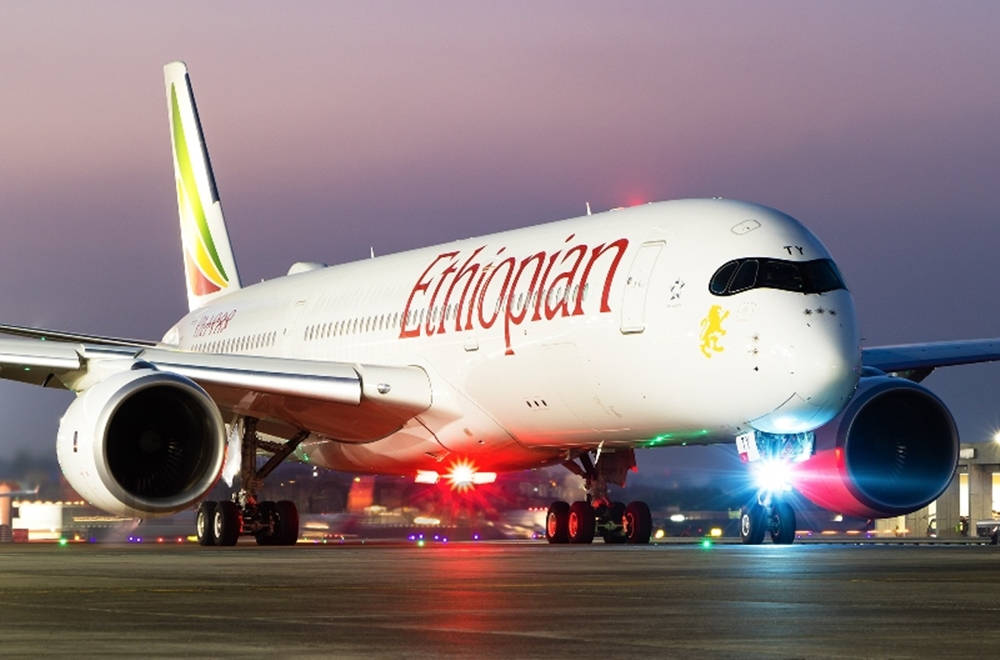 Ethiopian Airlines, night flight, glowing lights, SD Desktop Wallpaper