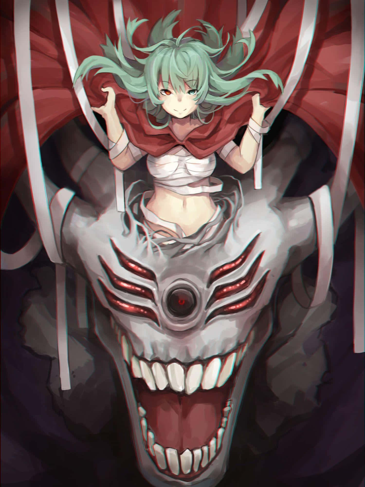 Eto Yoshimura, green-haired anime girl, giant mechanical dragon skull, Full HD Phone Wallpaper