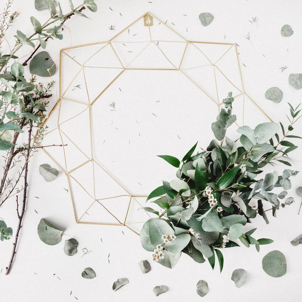 geometric gold frame, fresh eucalyptus branches, scattered leaves, SD Desktop Wallpaper