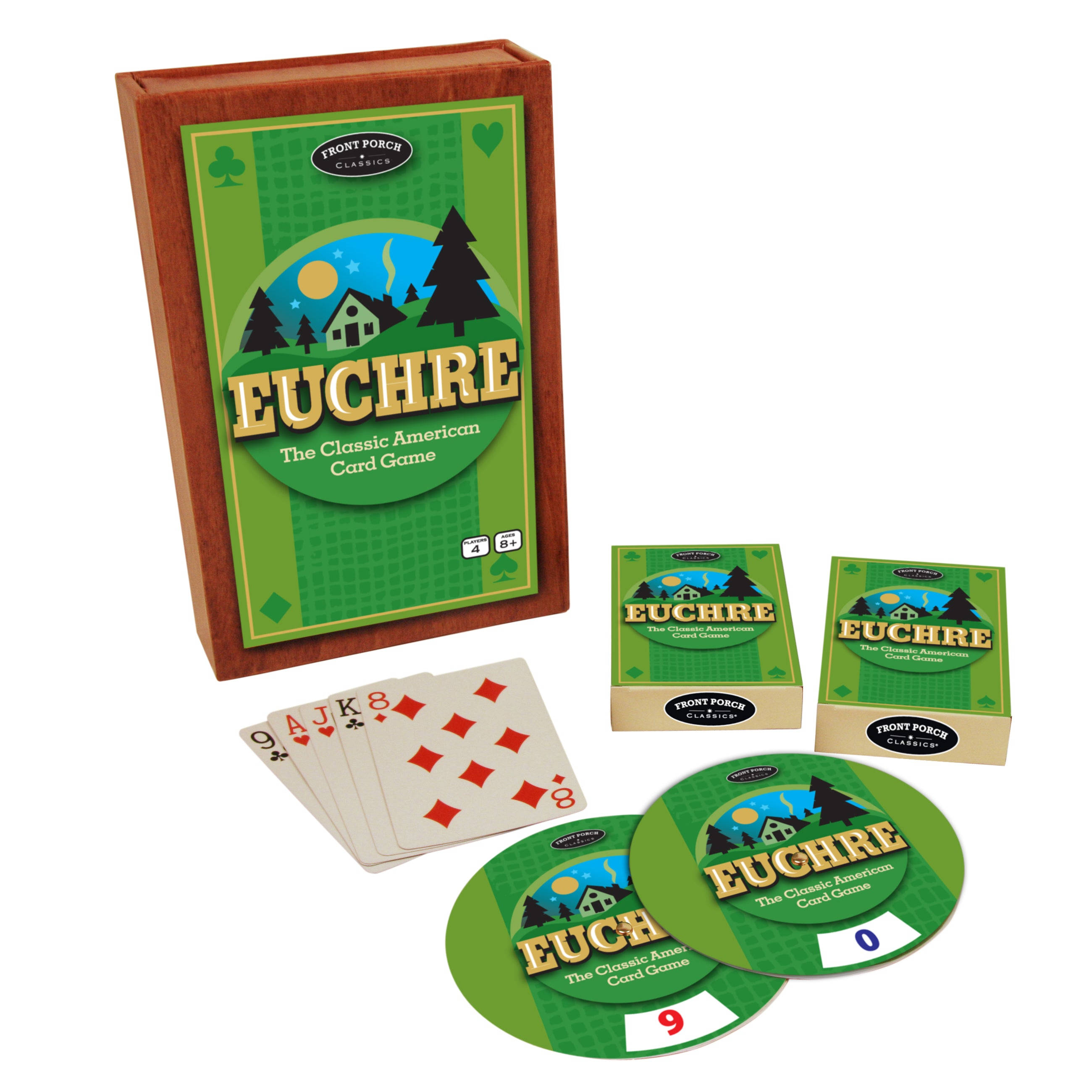 Euchre, green forest-themed artwork, wooden box, 2K Desktop Wallpaper