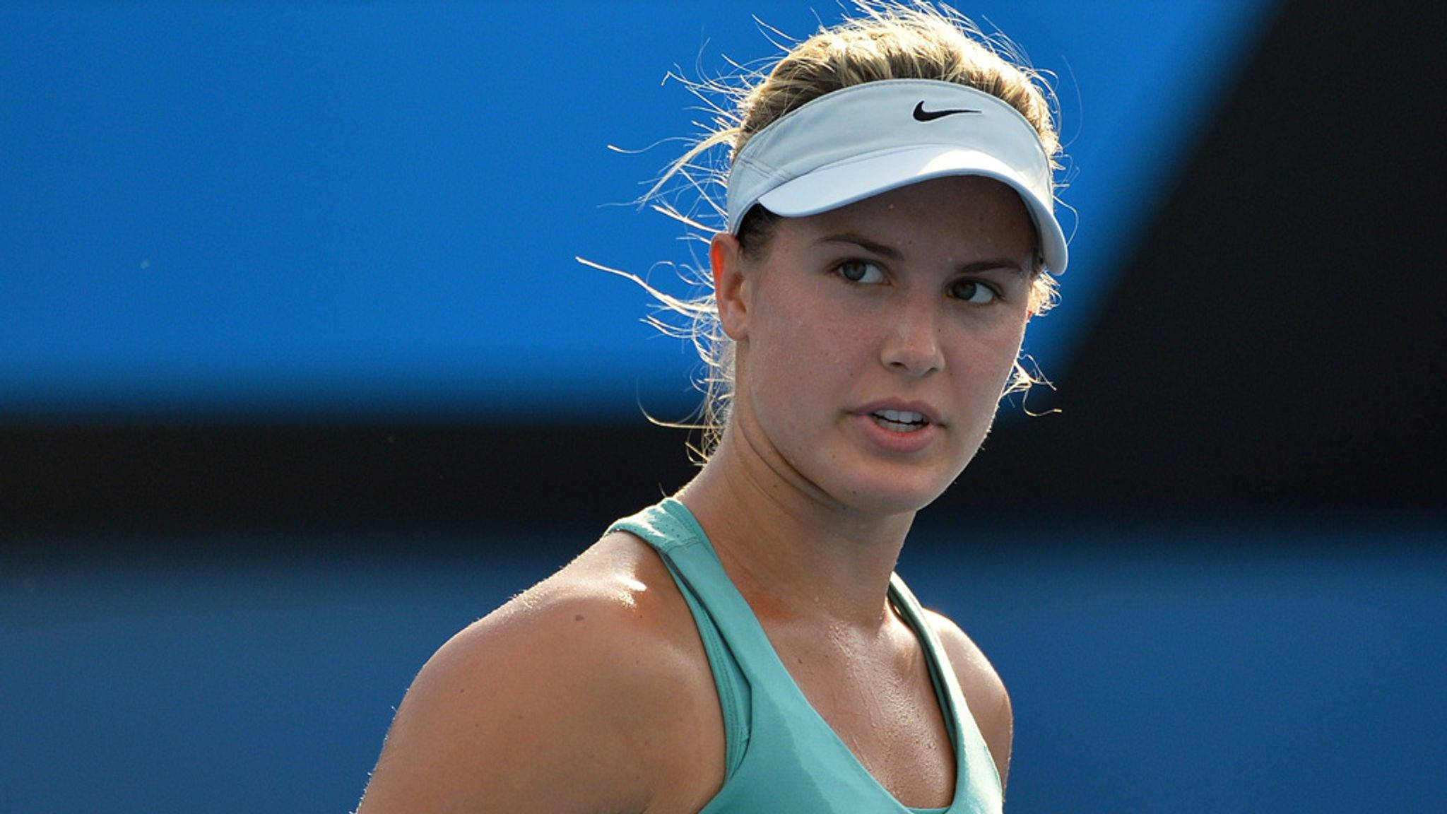 Eugenie Bouchard, teal tank top, white visor, Full HD Desktop Wallpaper