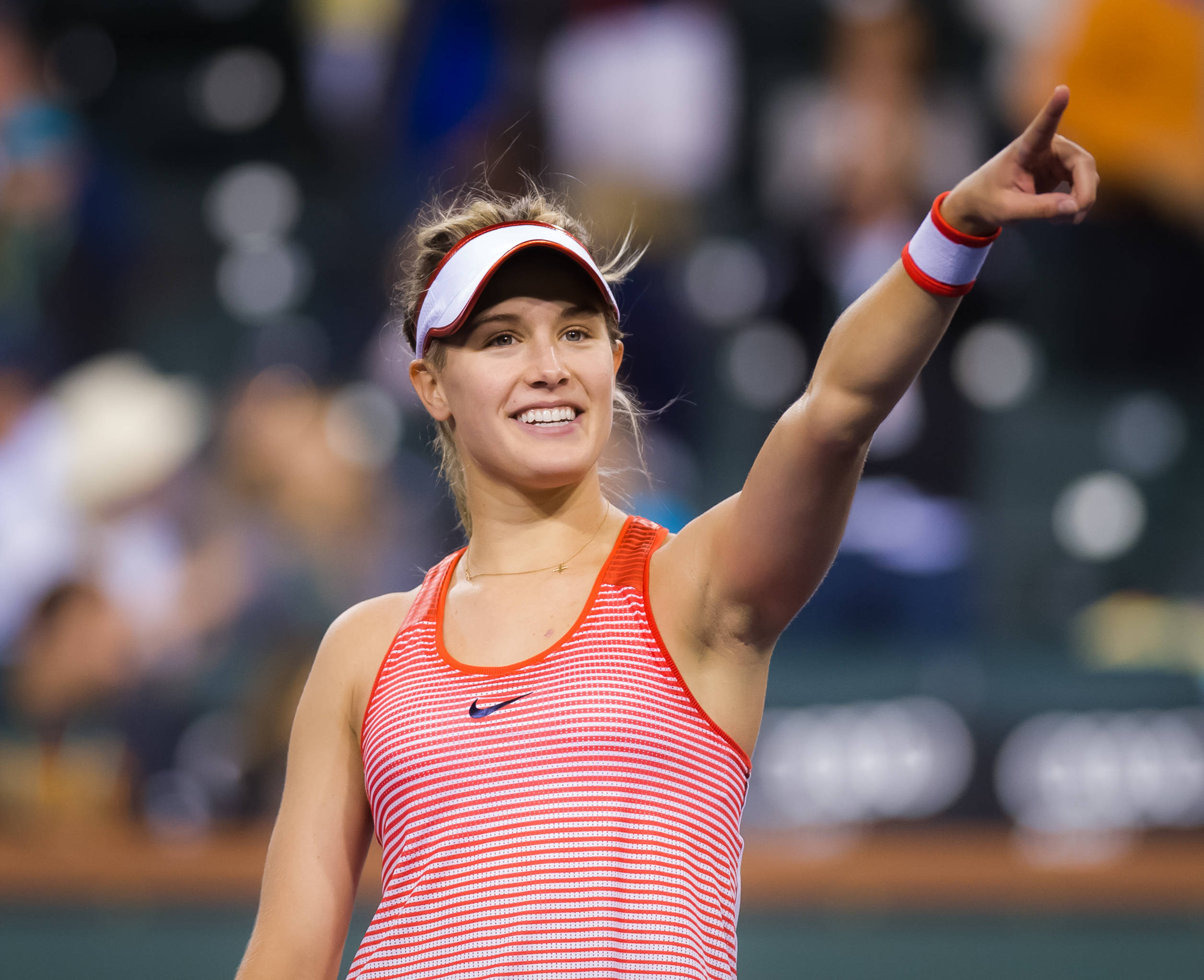 Eugenie Bouchard, red striped tank top, white visor, Full HD Desktop Wallpaper