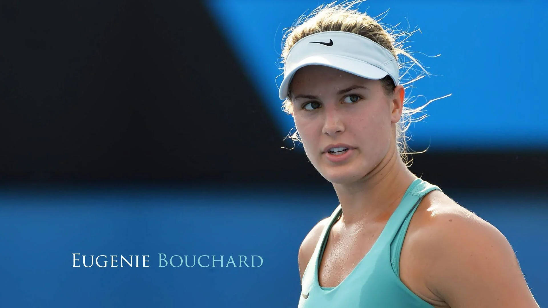 Eugenie Bouchard, teal tank top, white visor, Full HD Desktop Wallpaper