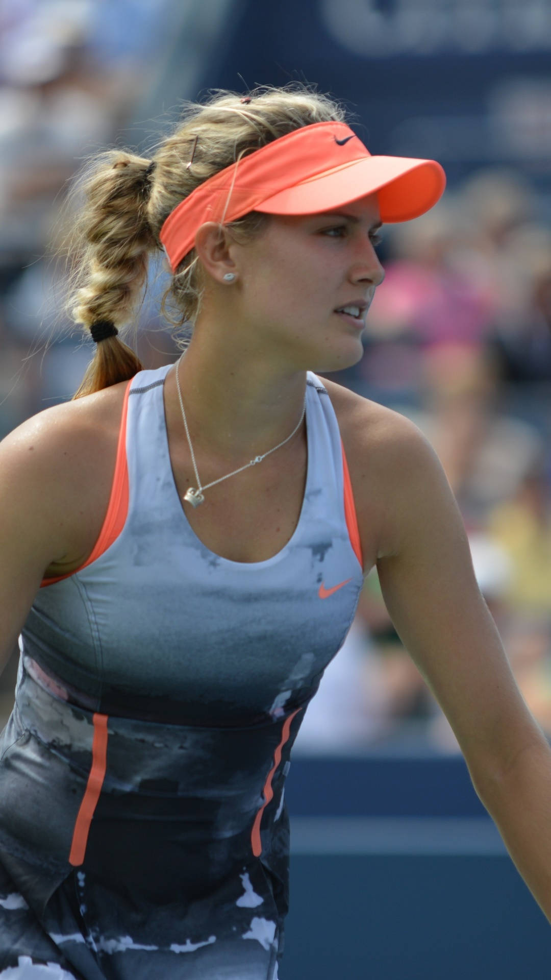 Eugenie Bouchard, orange visor, gradient athletic dress, Full HD Phone Wallpaper