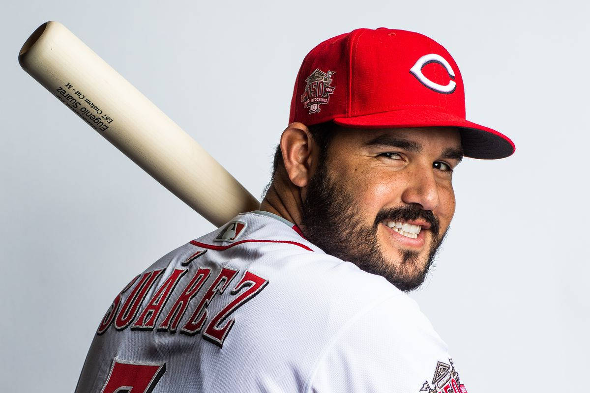Eugenio Suarez, red cap, white jersey, SD Desktop Wallpaper
