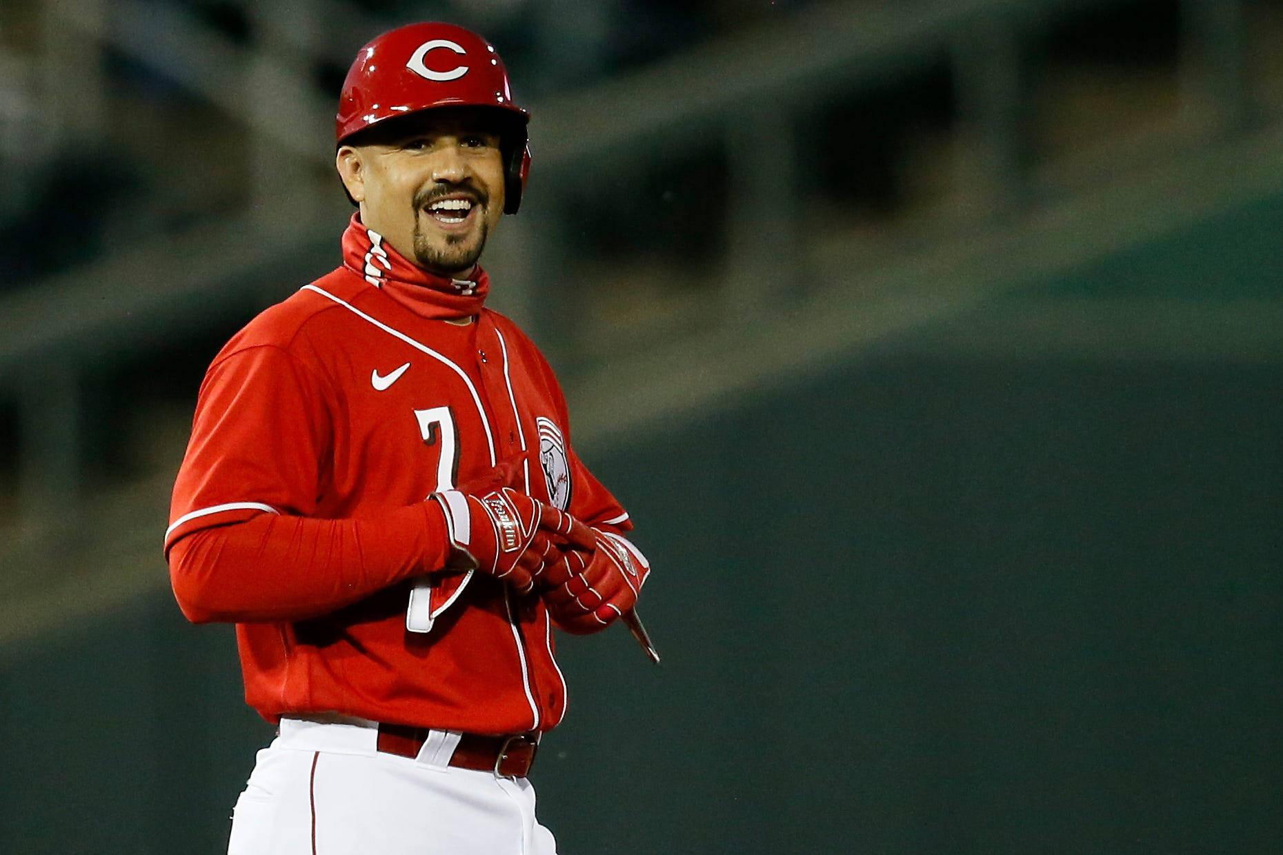 Eugenio Suarez, red baseball jersey, night, HD Desktop Wallpaper