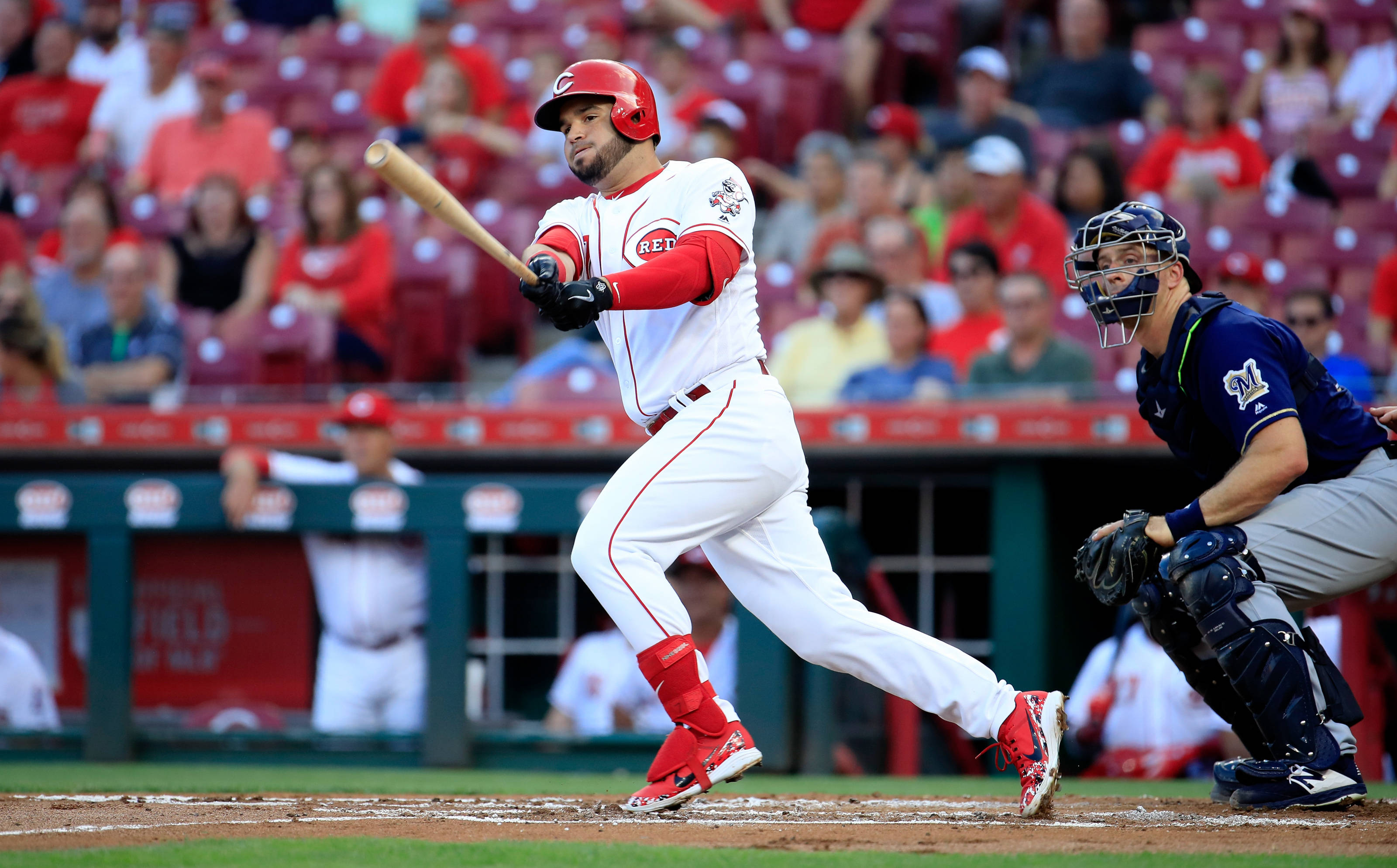 Eugenio Suarez, red and white uniform, baseball player, 2K Desktop Wallpaper