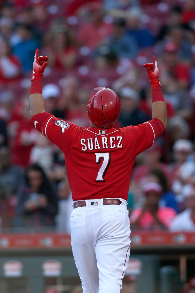 Eugenio Suarez, red jersey, packed stadium, SD Phone Wallpaper