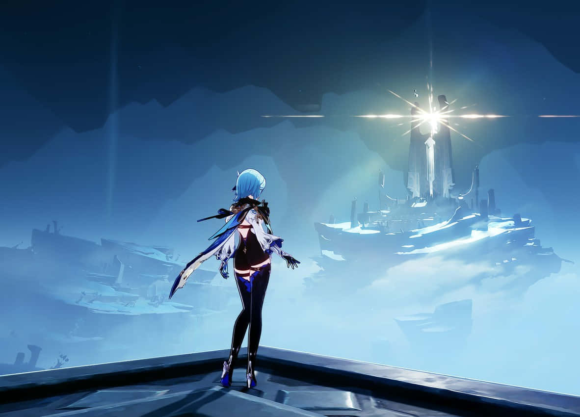 Eula, blue-haired anime girl, cliff, SD Desktop Wallpaper