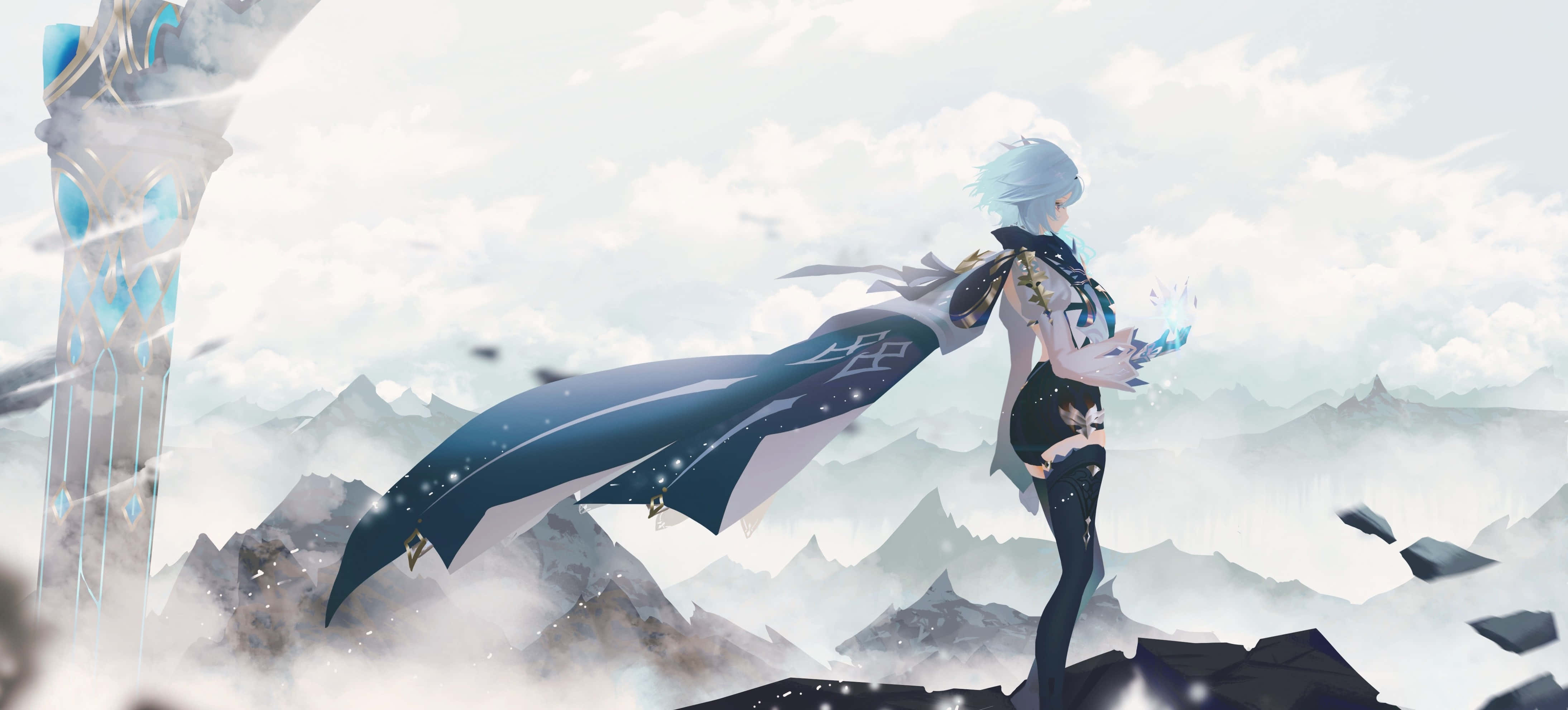 Eula, silver-haired anime character, flowing dark cape, 4K Desktop Wallpaper