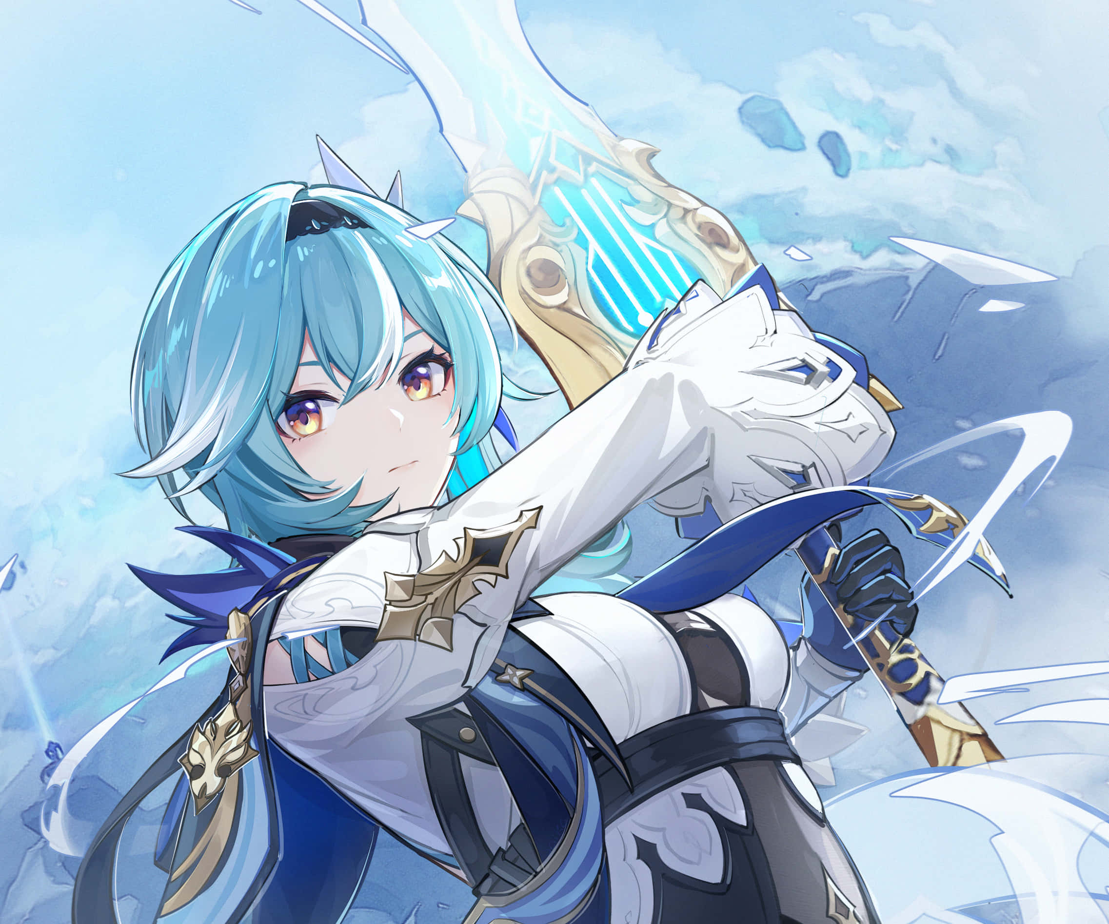 Eula, blue-haired anime girl, glowing sword, Full HD Desktop Wallpaper