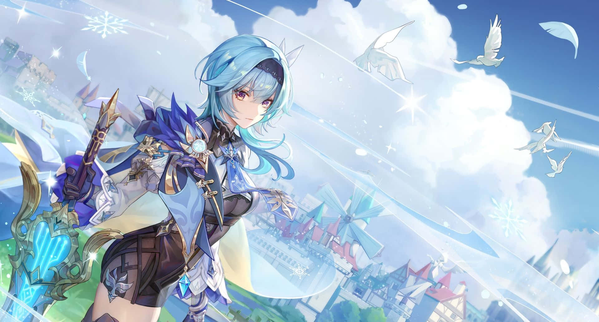 Eula, blue hair, sword, Full HD Desktop Wallpaper