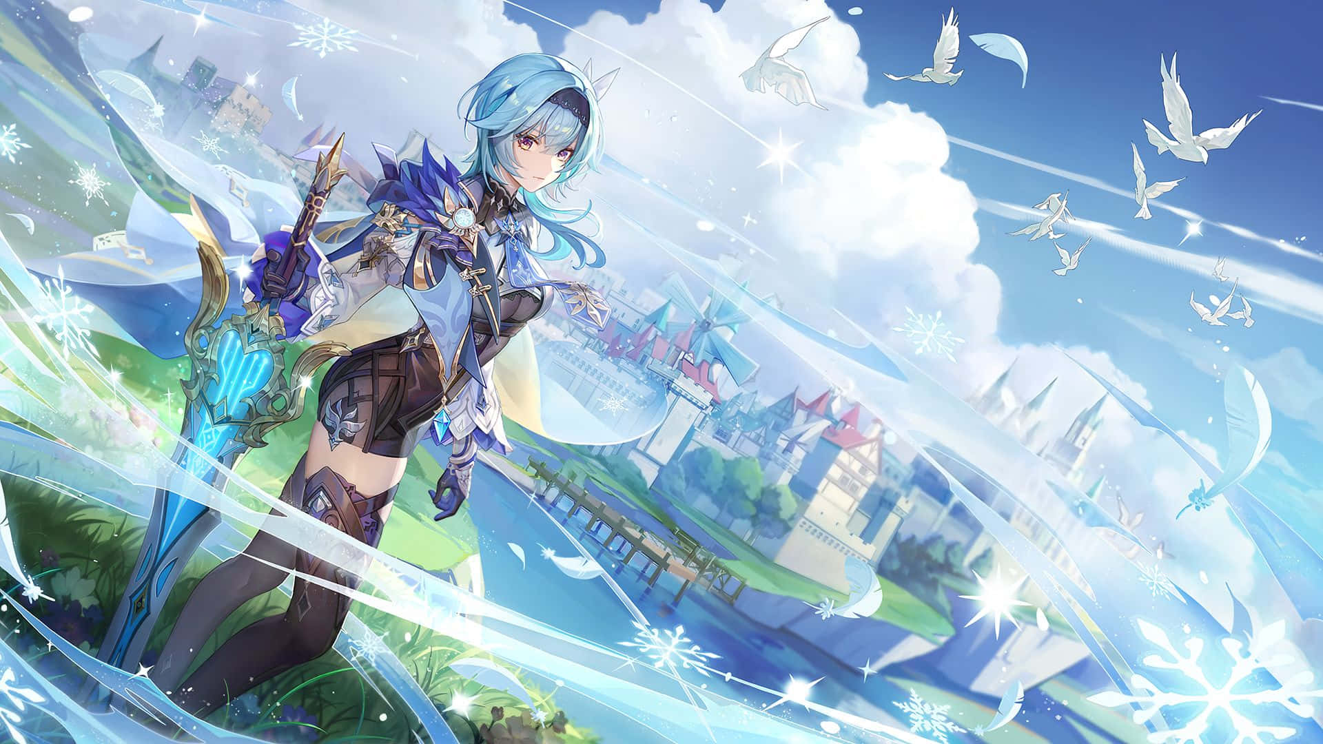 Eula, blue hair, blue eyes, Full HD Desktop Wallpaper
