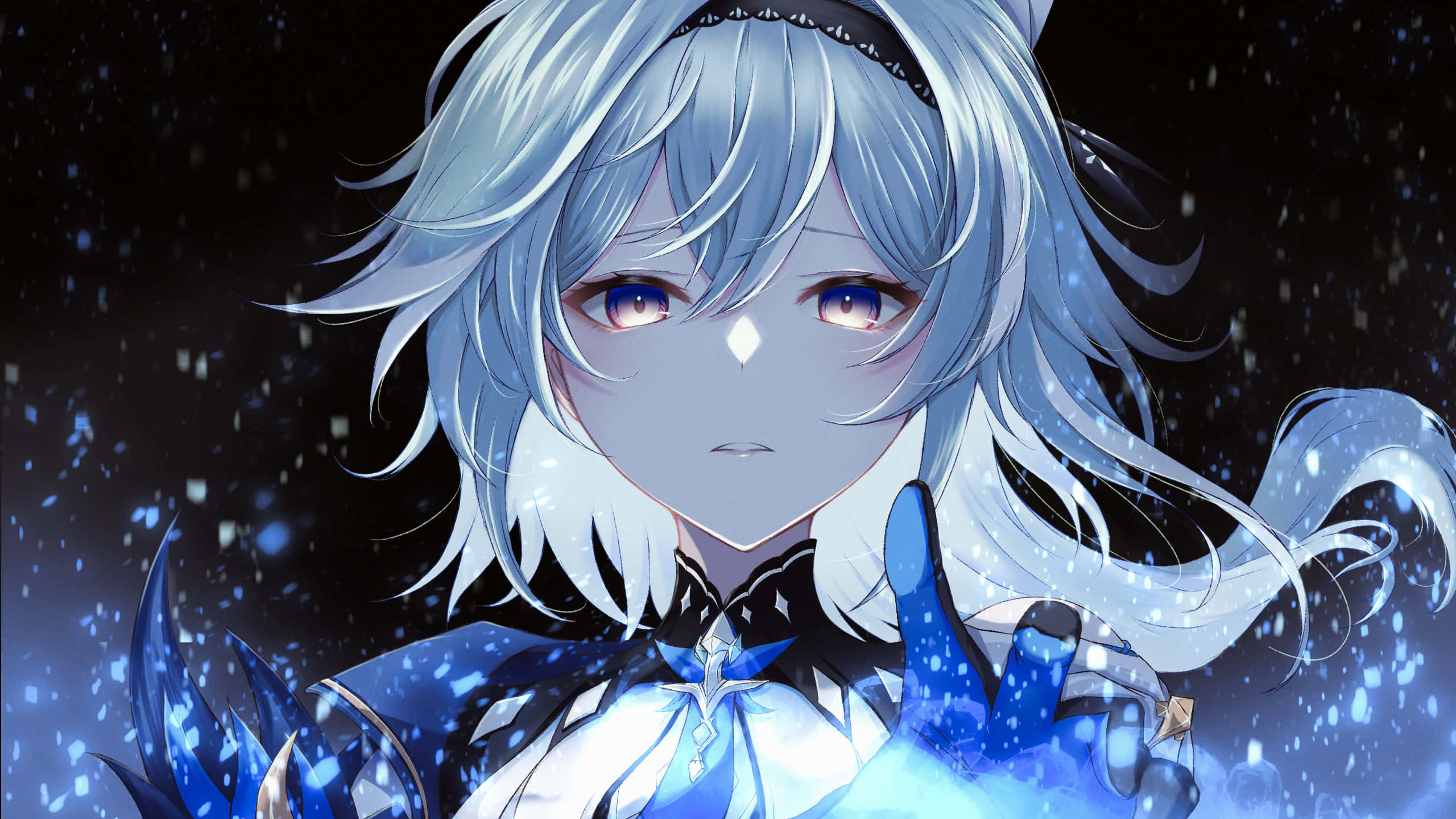 Eula, blue-haired, glowing eyes, 2K Desktop Wallpaper