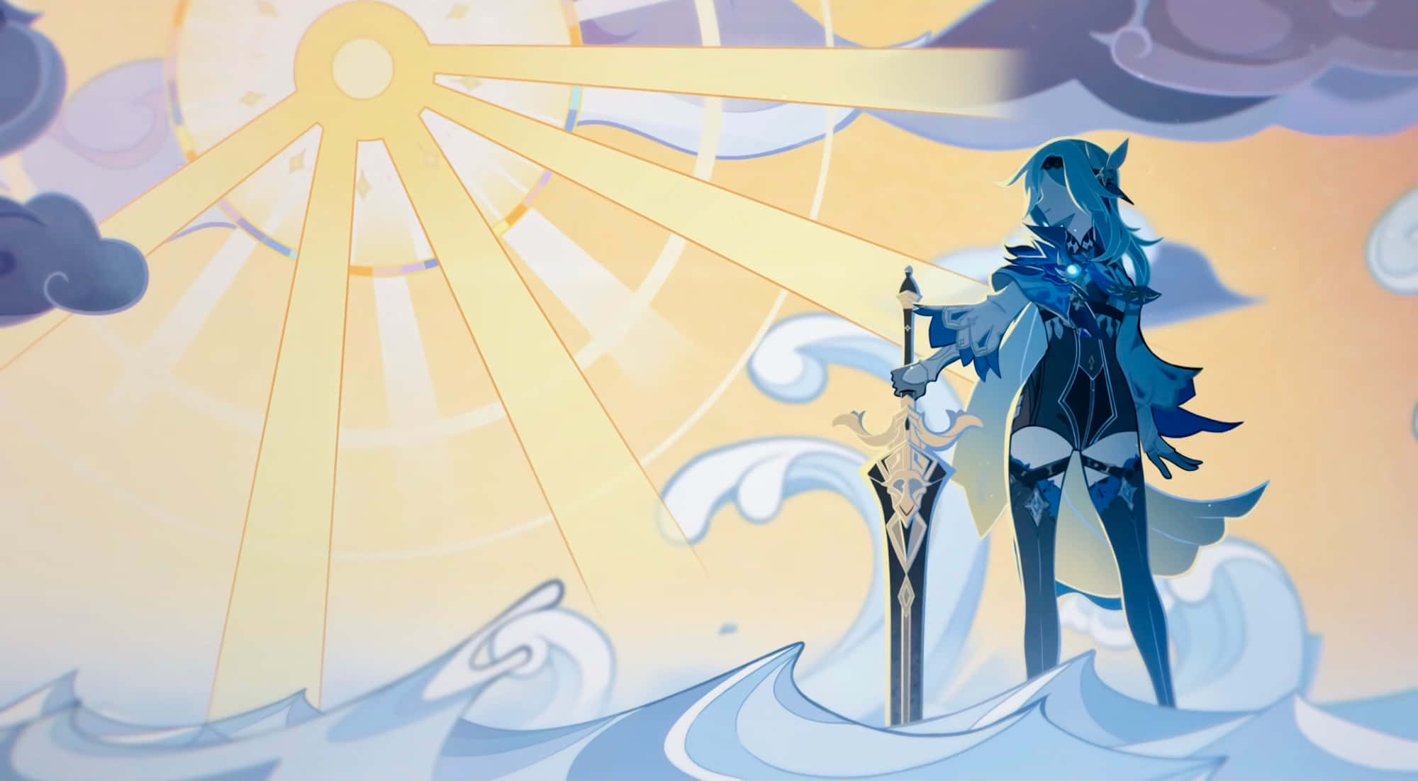 Eula, blue-haired anime warrior, glowing sword, Full HD Desktop Wallpaper