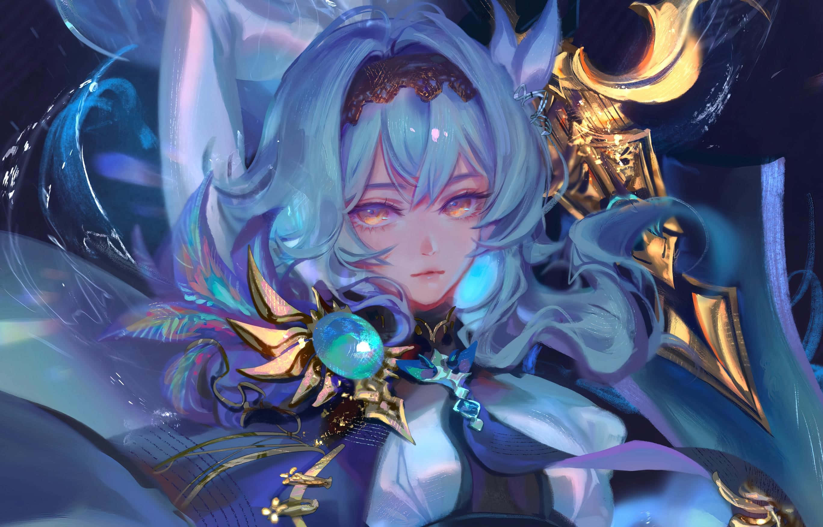 Eula, blue hair, glowing eyes, 2K Desktop Wallpaper