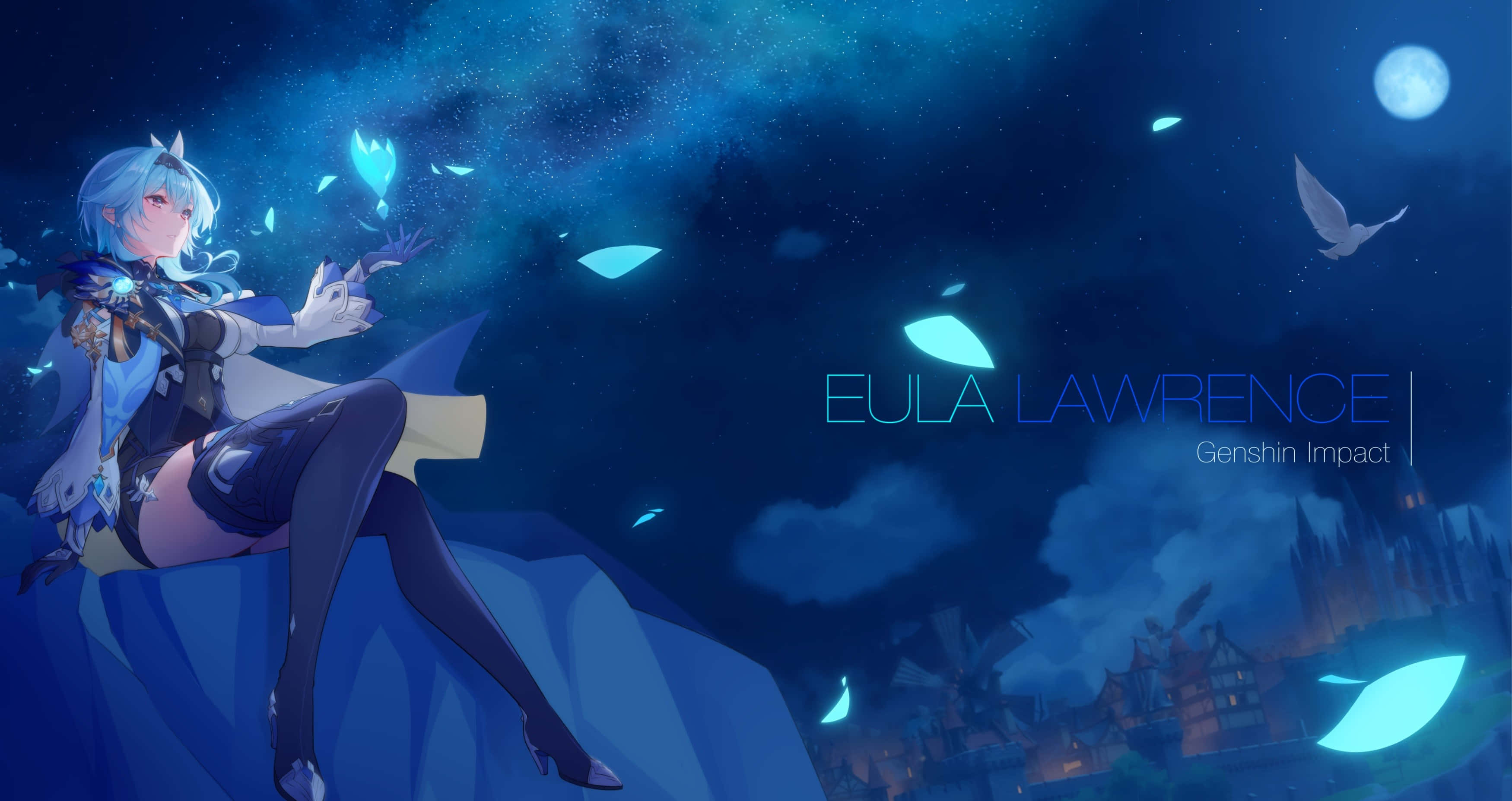 Eula, blue-haired anime girl, cliff, 2K Desktop Wallpaper
