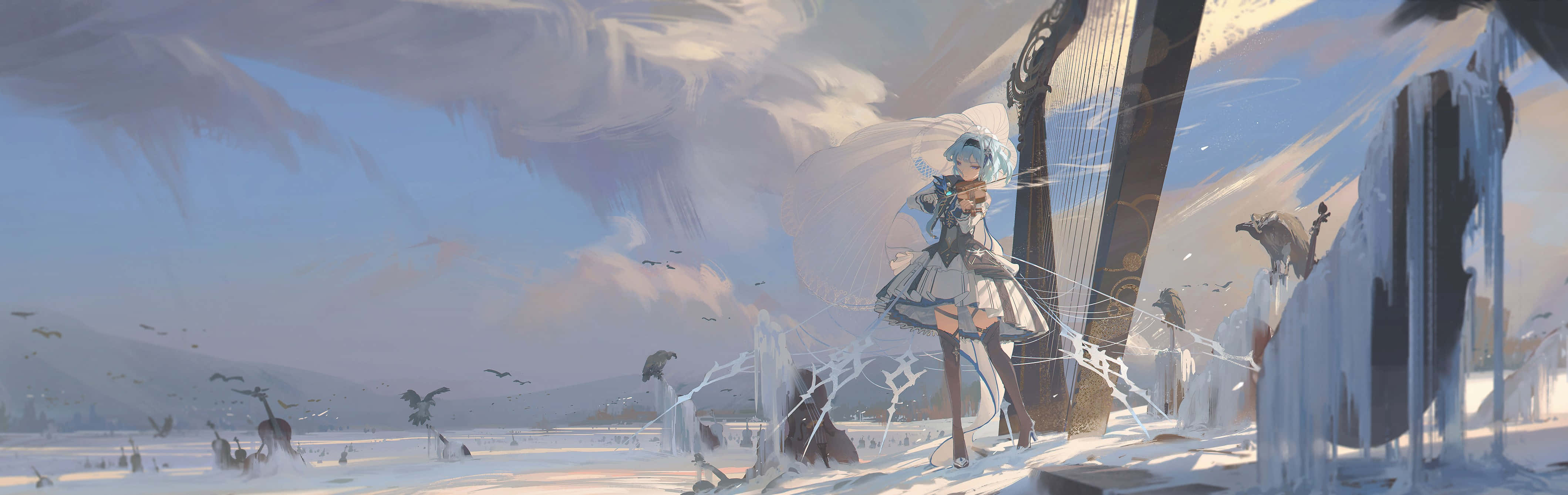 Eula, blue-haired anime girl, snow globe, 4K Desktop Wallpaper
