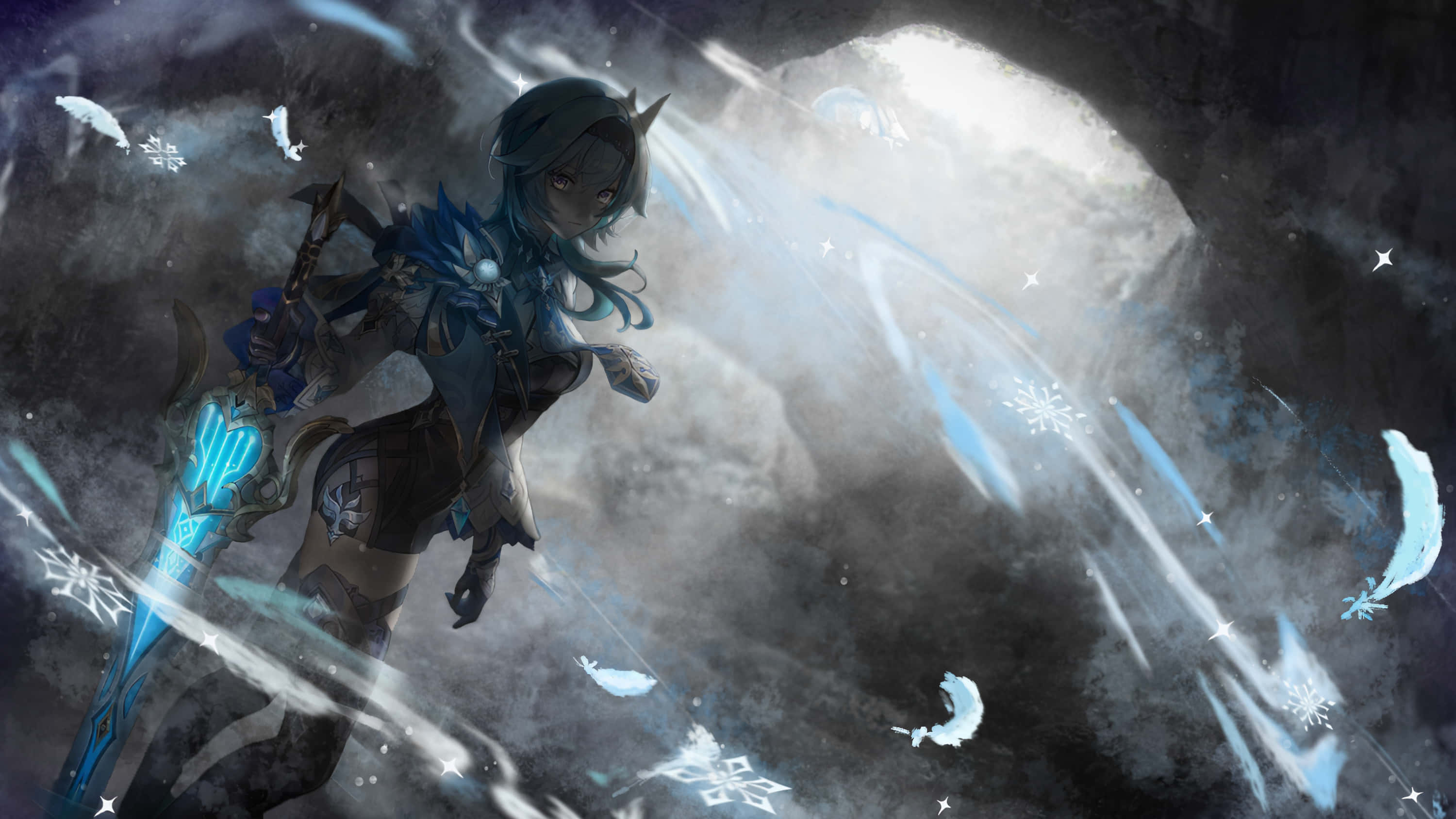 Eula, blue-haired, glowing ice sword, 2K Desktop Wallpaper