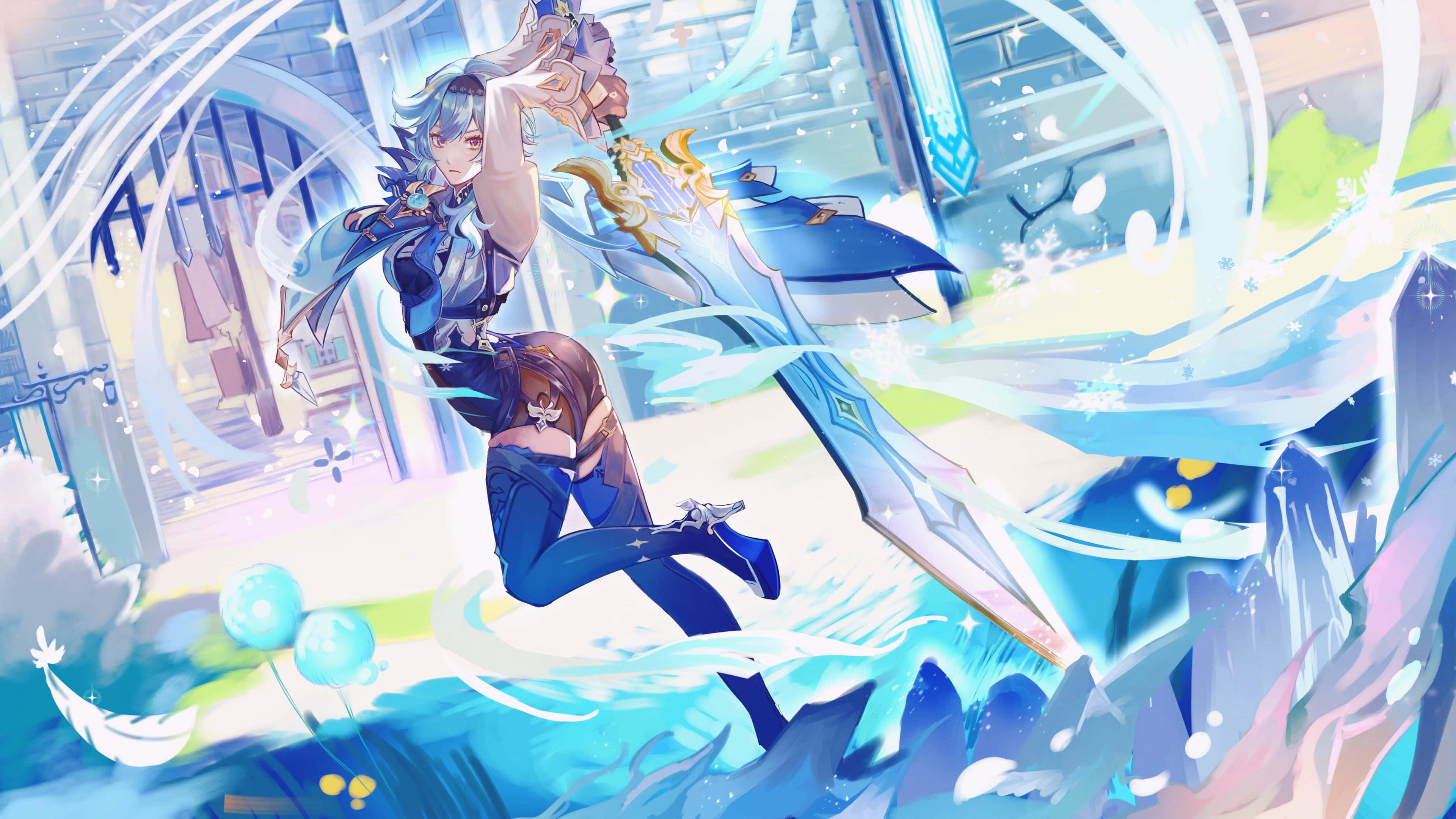 Eula, glowing sword, swirling blue energy, 4K Desktop Wallpaper