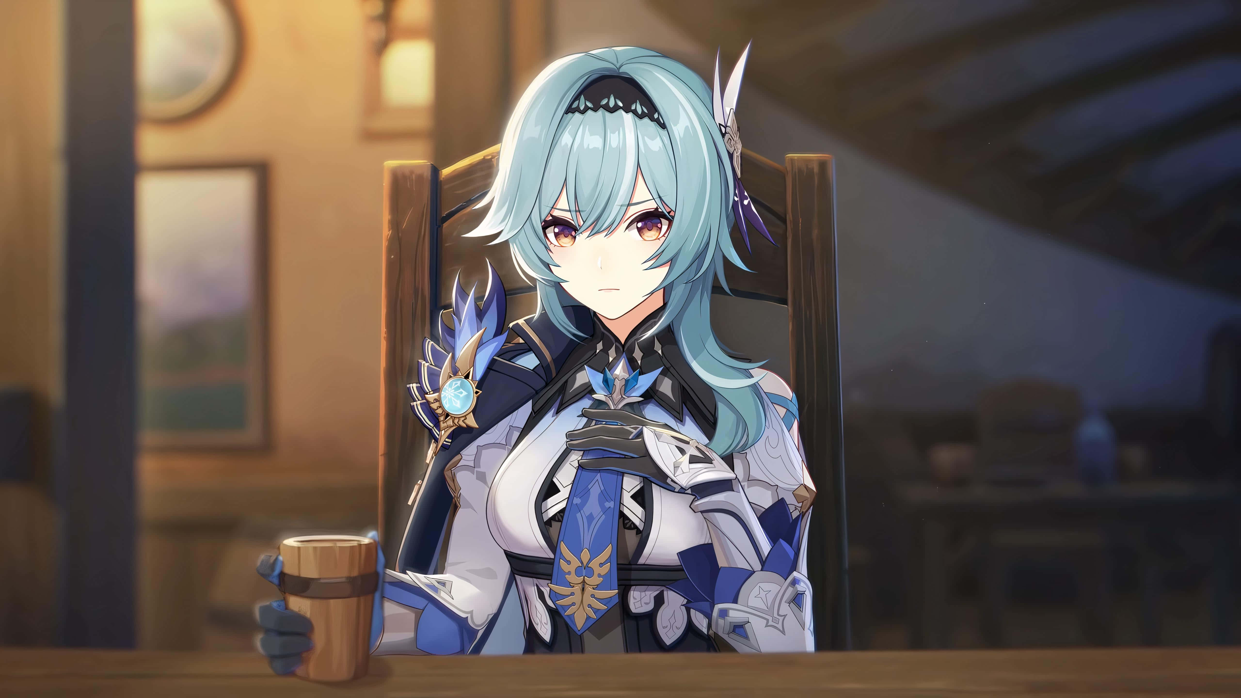 Eula, blue-haired anime girl, ornate armor, 5K Desktop Wallpaper