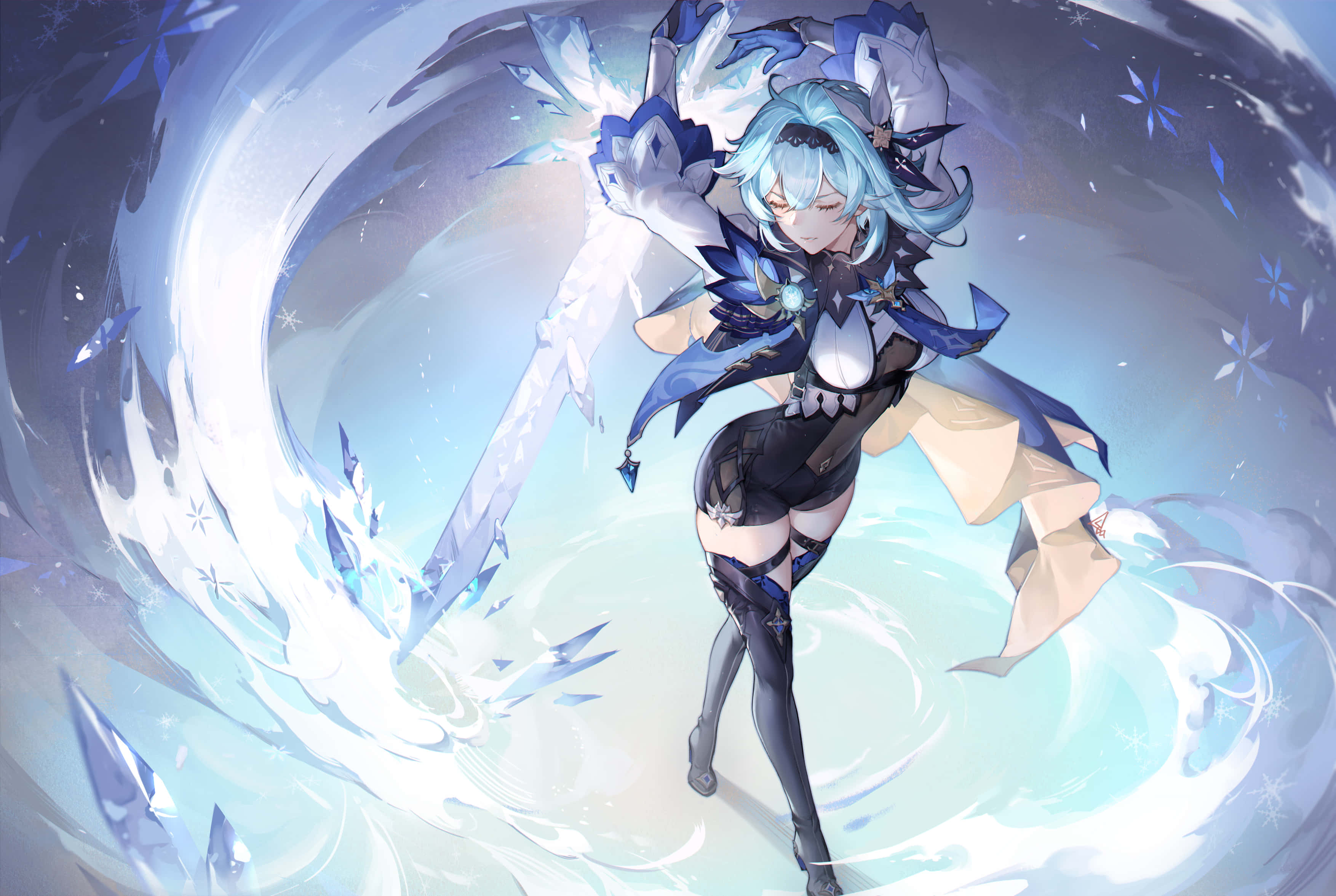 Eula, blue-haired, glowing ice sword, 2K Desktop Wallpaper