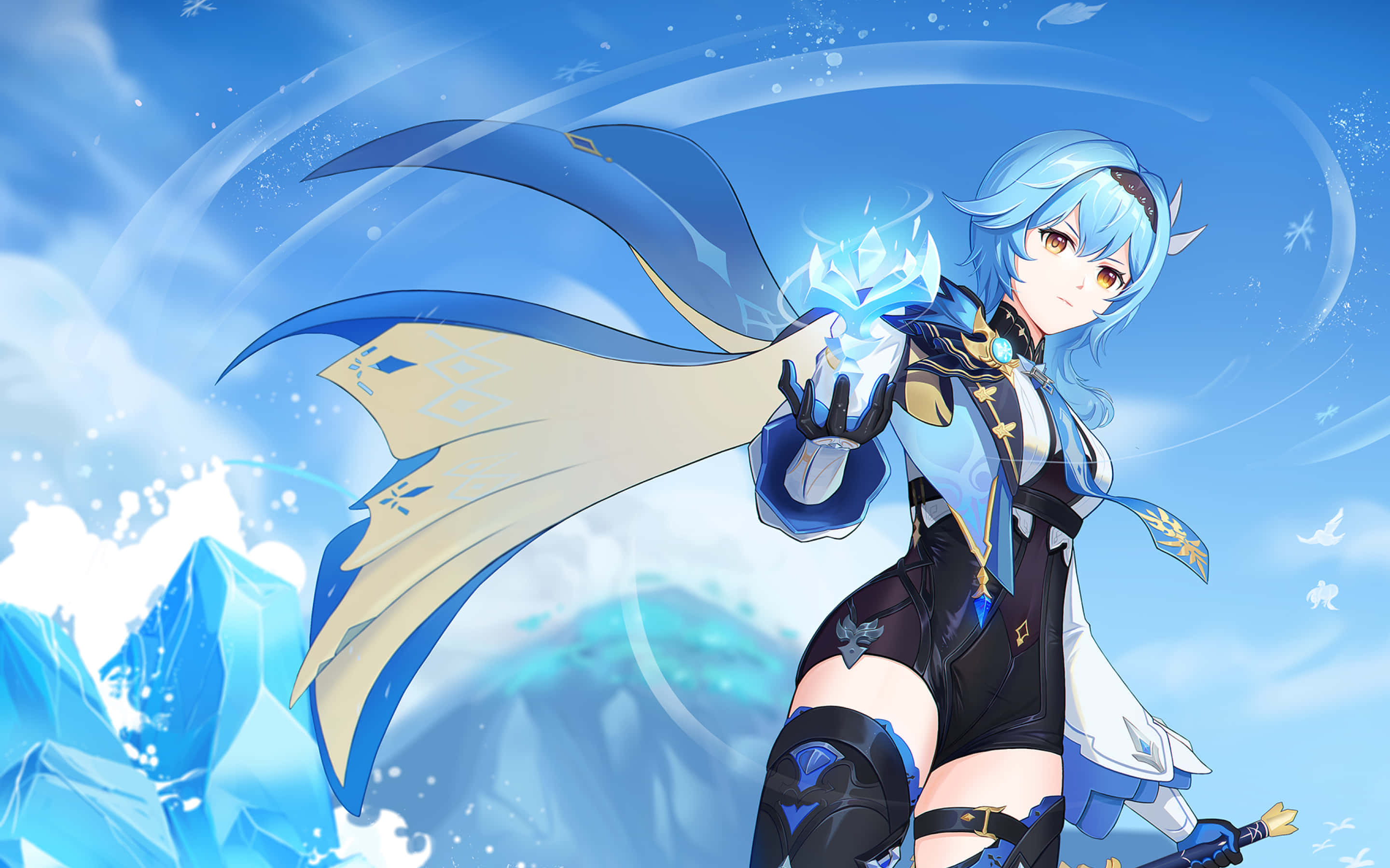 Eula, blue-haired anime girl, black and blue outfit, 2K Desktop Wallpaper