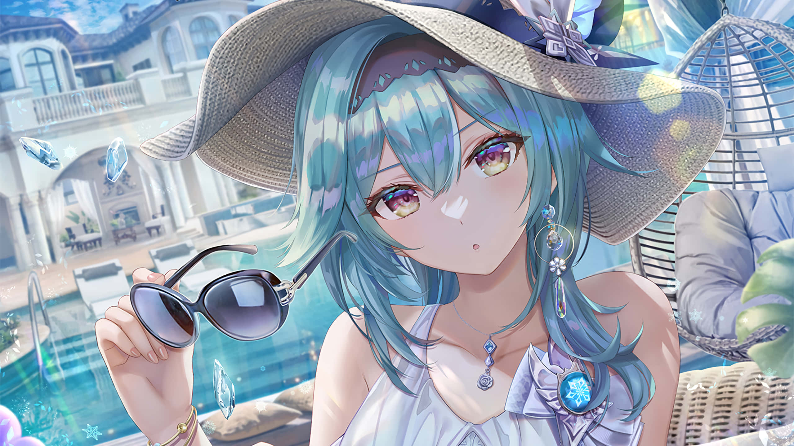 Eula, blue hair, sunglasses, 2K Desktop Wallpaper
