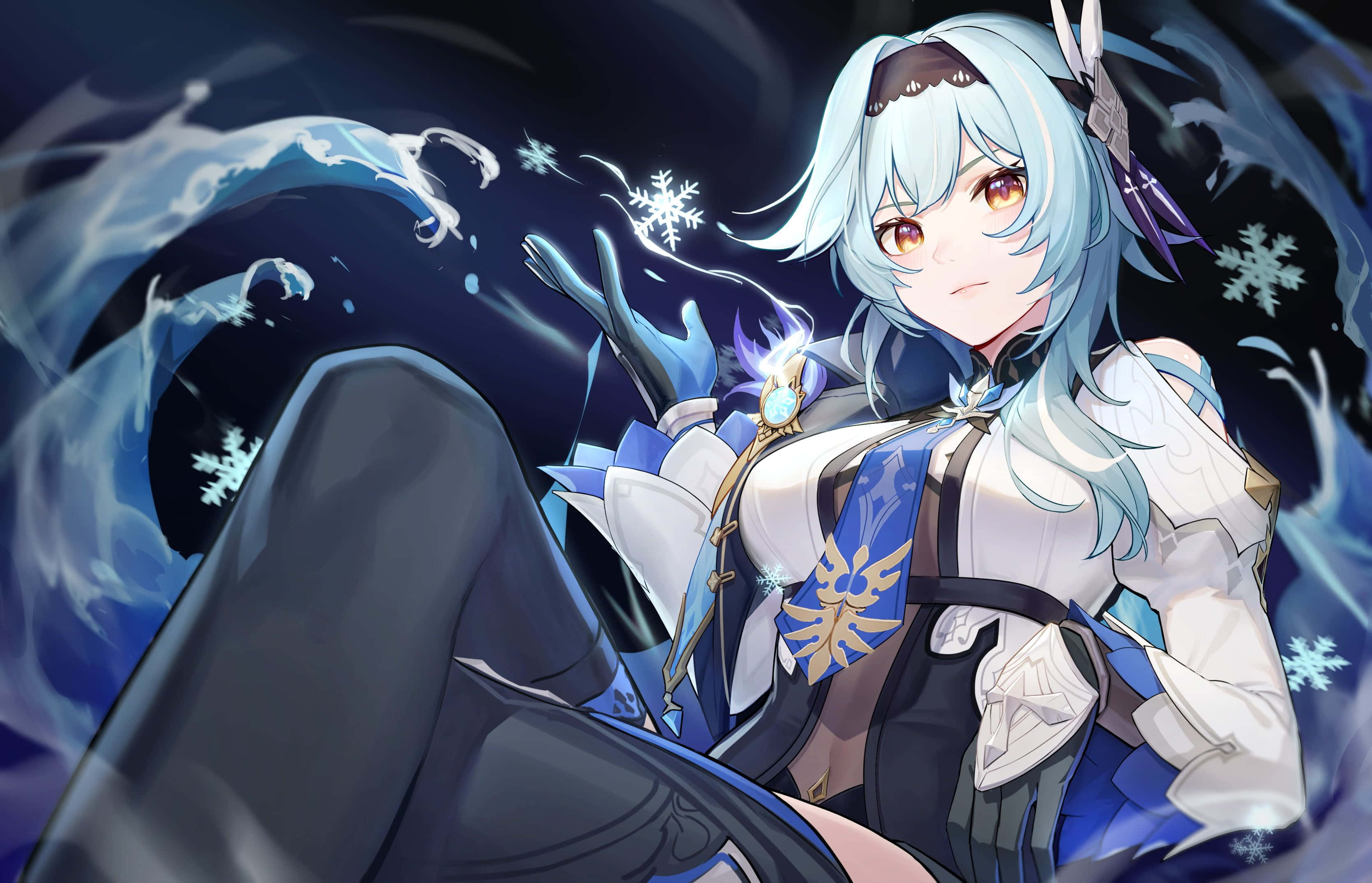 Eula, blue-haired, amber eyes, 2K Desktop Wallpaper