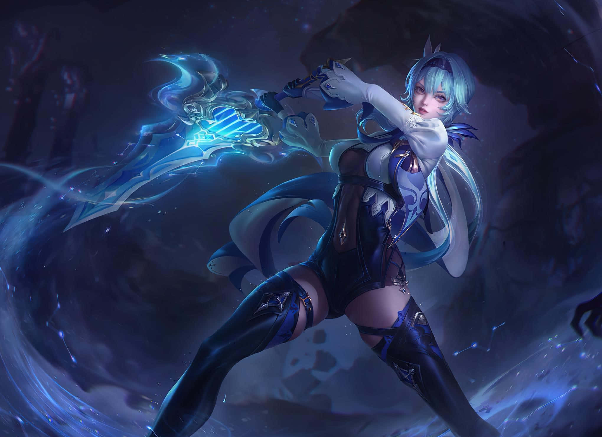 Eula, blue-haired, glowing sword, Full HD Desktop Wallpaper
