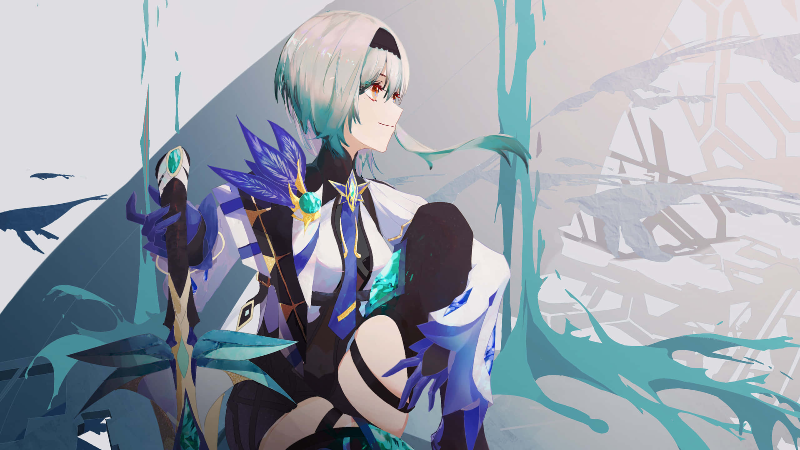 Eula, silver hair, teal accents, 2K Desktop Wallpaper
