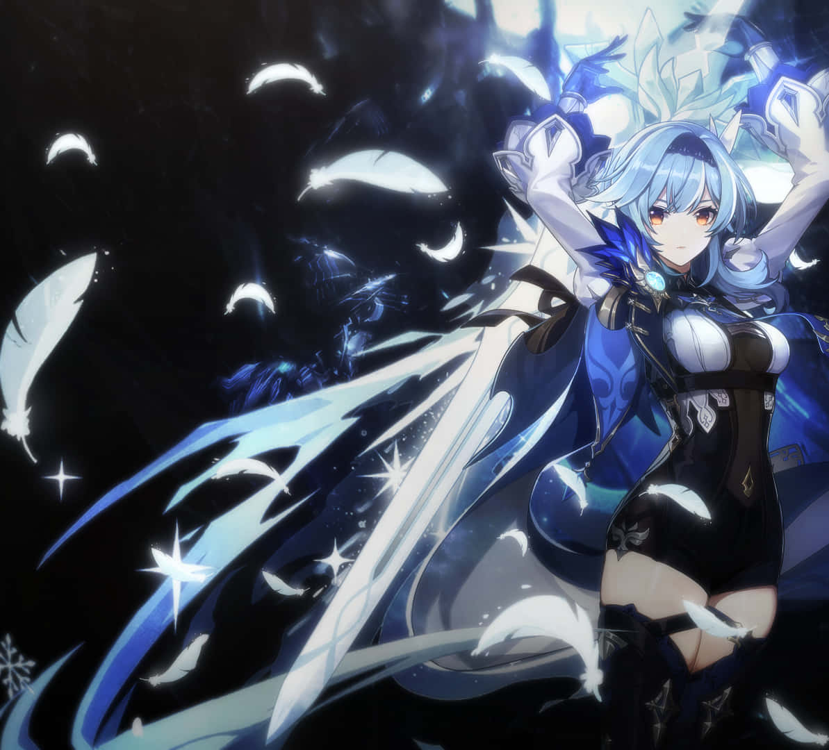 Eula, blue-haired anime girl, glowing ice sword, SD Desktop Wallpaper