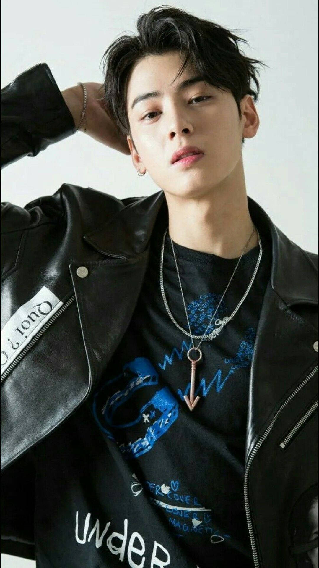 Eunwoo, black leather jacket, graphic tee, Full HD Phone Wallpaper
