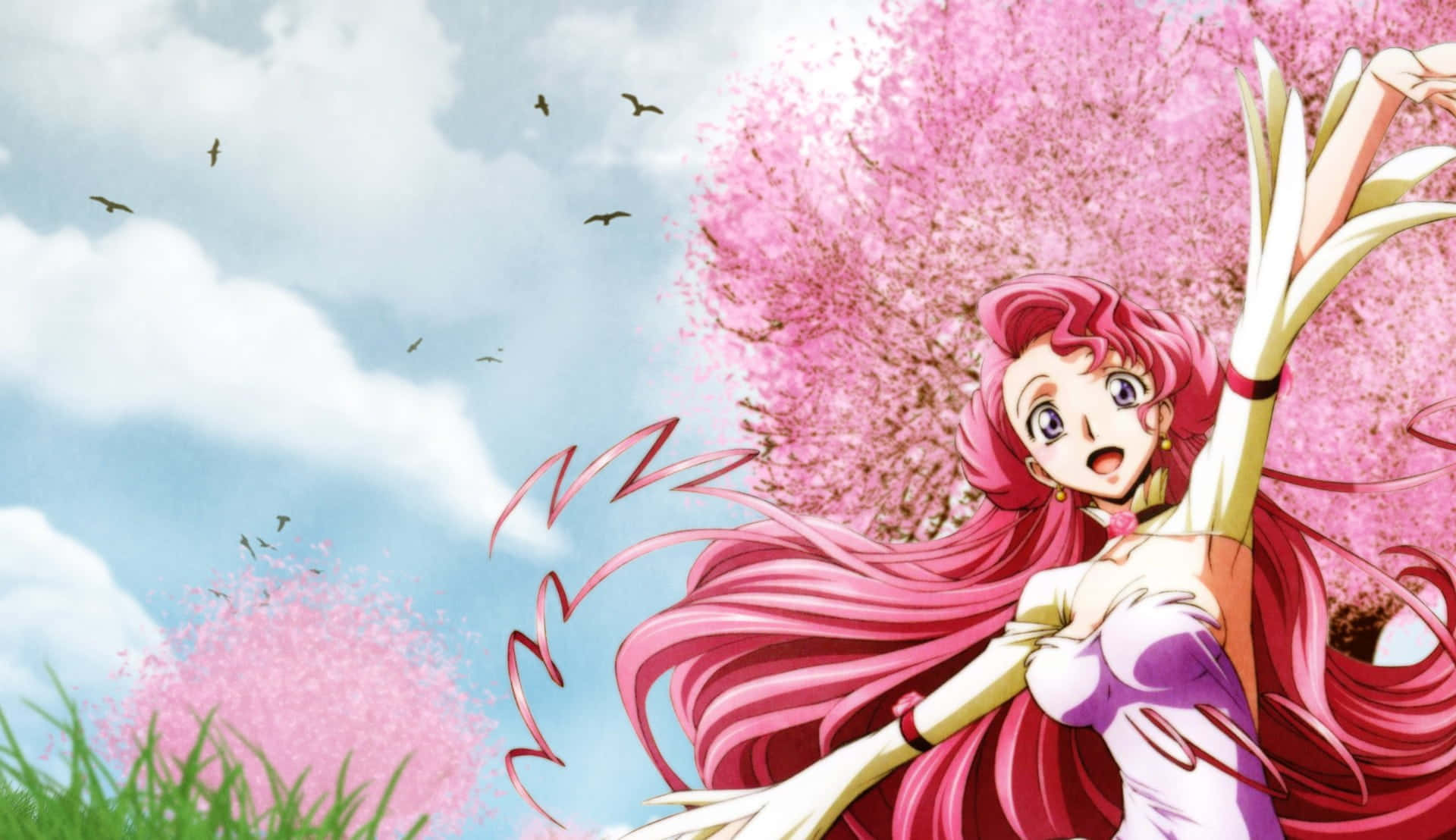 Euphemia Li Britannia, pink hair, blossoming cherry tree, Full HD Desktop Wallpaper