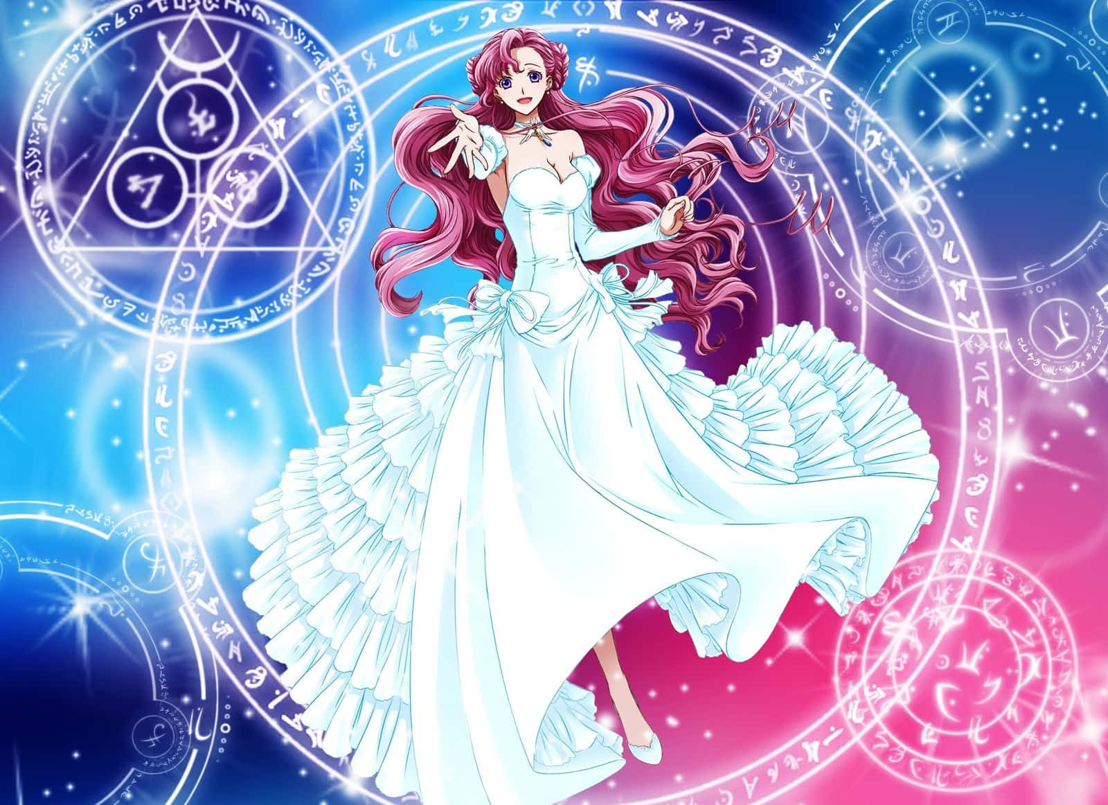 Euphemia Li Britannia, pink-haired, flowing white gown, HD Desktop Wallpaper